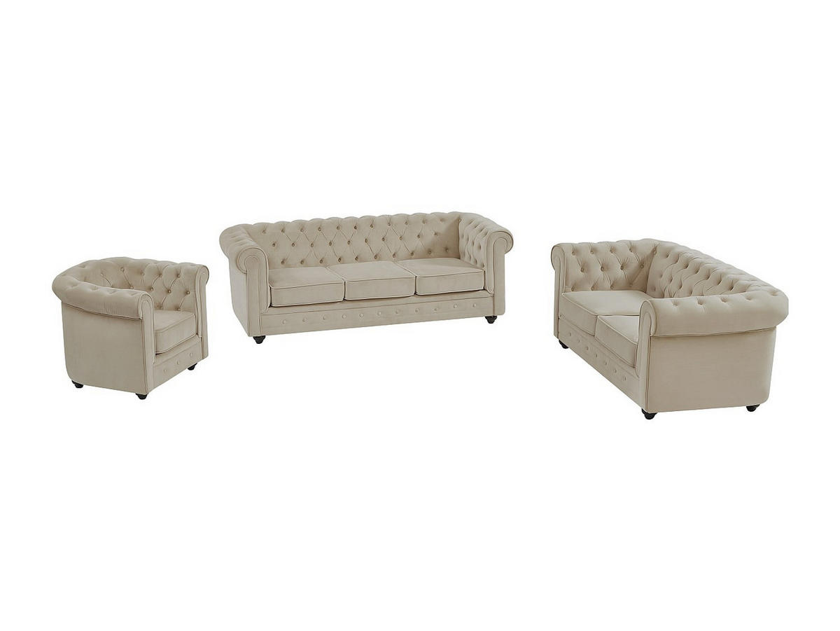COUCHGARNITUR mit Sessel - 6 Personen - Samt, Stoff - Beige - CHESTERFIELD - Beige, Textil (165/72/78cm) - Vente-Unique