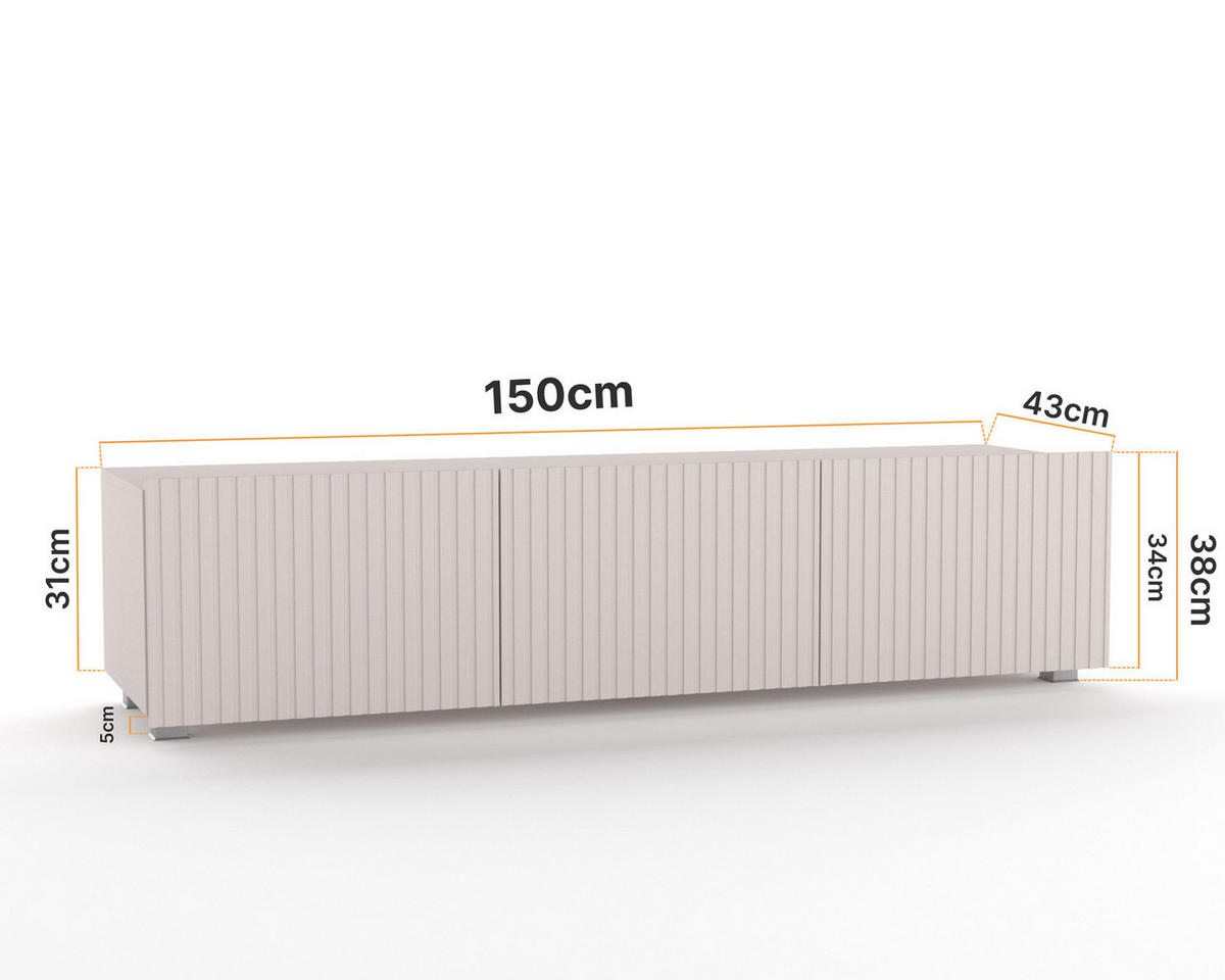 TV-LOWBOARD Kolder 150 cm Kaschmir mit geriffelten Fronten - Kaschmir/Silberfarben, Holzwerkstoff/Kunststoff (150/38/43cm) - Ravio