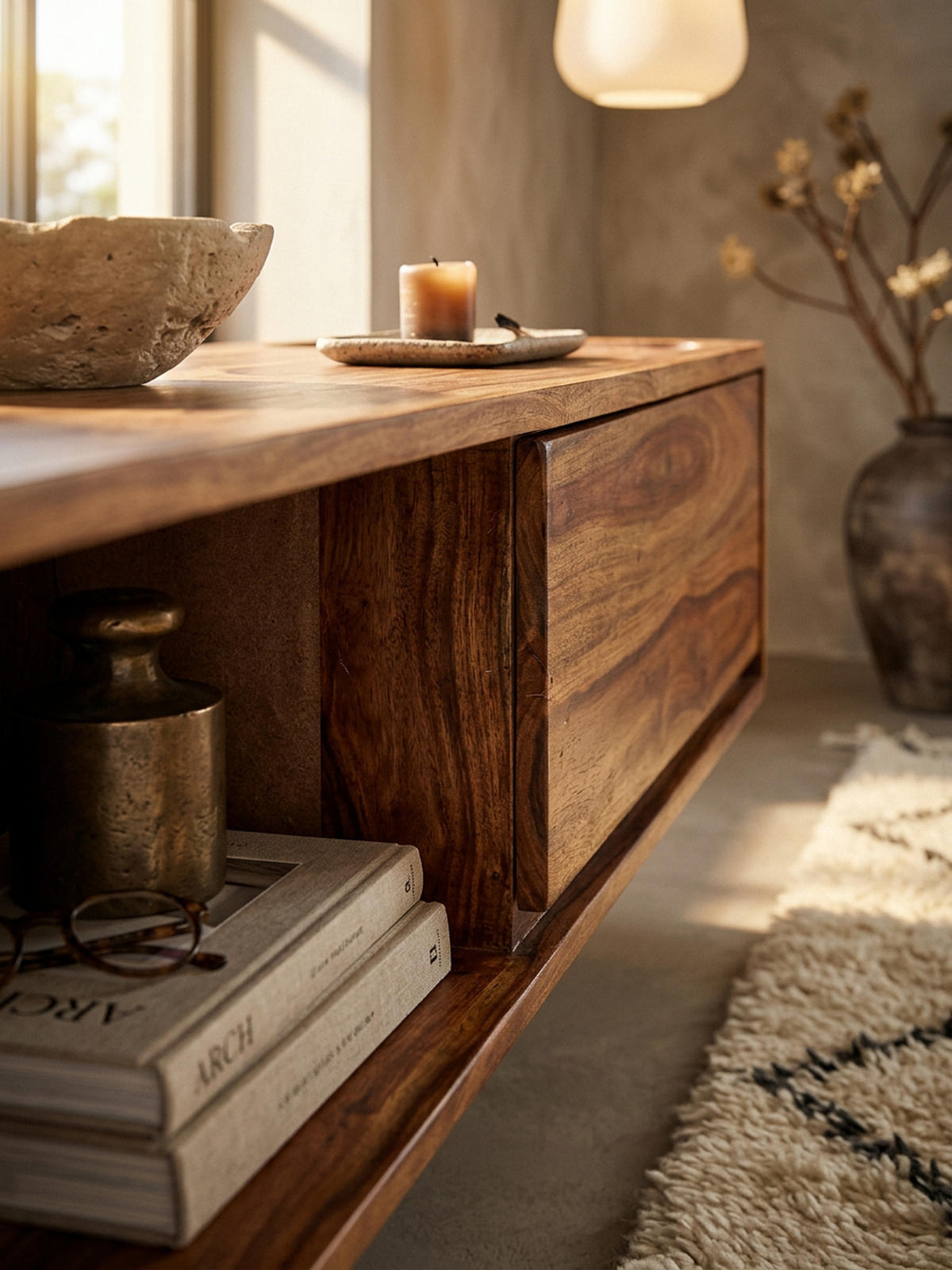 LOWBOARD Massivholz Modern Stil für Fernseher bis 50 Zoll mit Schublade und offenem Fach - Braun, Holz (108/25/34cm) - KADIMA DESIGN