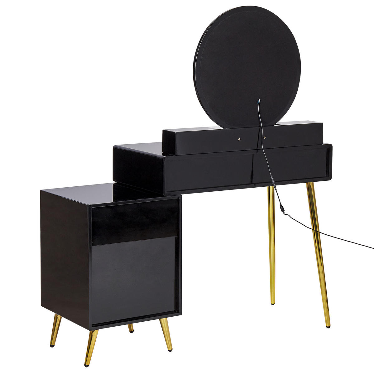 SCHMINKTISCH mit rundem LED-Spiegel Hocker 6 Schubladen schwarz/gold Yves - Goldfarben/Schwarz, Holzwerkstoff (98/133/38cm) - Beliani
