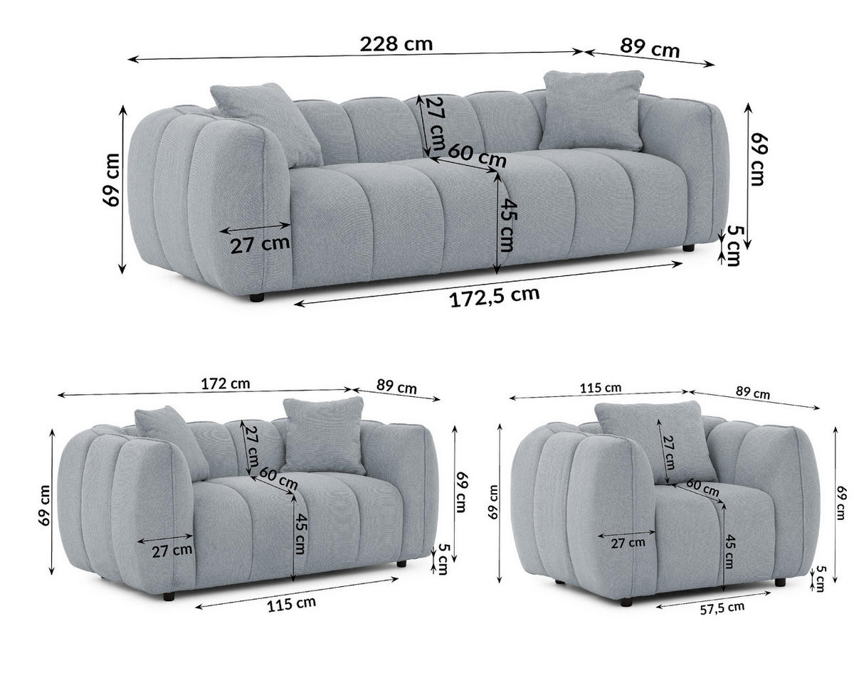 SEDACIA ZOSTAVA 3+2+1 Nubira v hlboko prešívanom dizajne Bubble z mäkkej štruktúrovanej látky v sivej farbe v modernom dizajne - čierna/sivá, drevo/textil (228/69/89cm) - S-Style