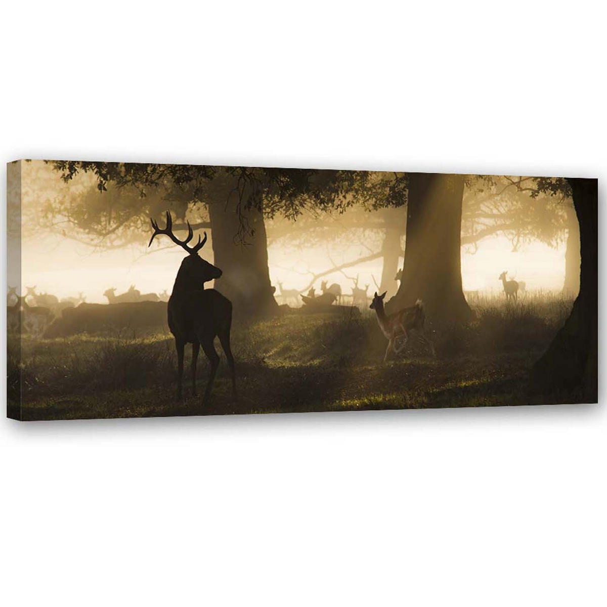 BILD AUF LEINWAND Hirsche im Nebel - Grau, Textil (120/40cm) - Feeby