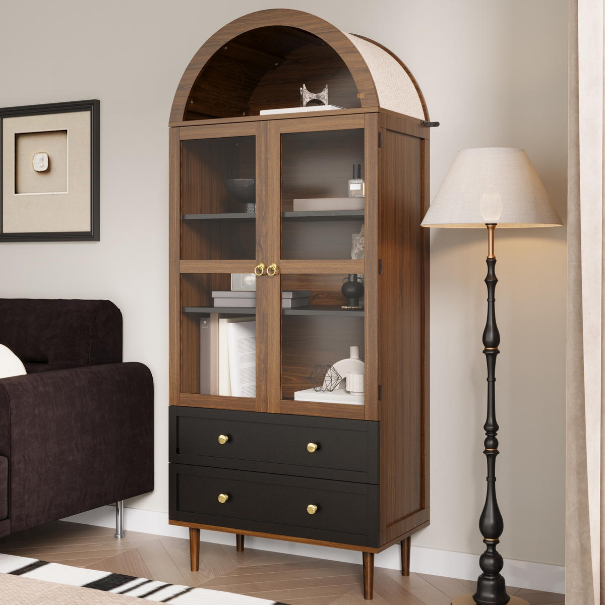 KOMMODE Retro Glas verstellbar Sideboard modern Aufbewahrung - Walnussfarben, Holzwerkstoff (70/168/38cm) - FLIEKS
