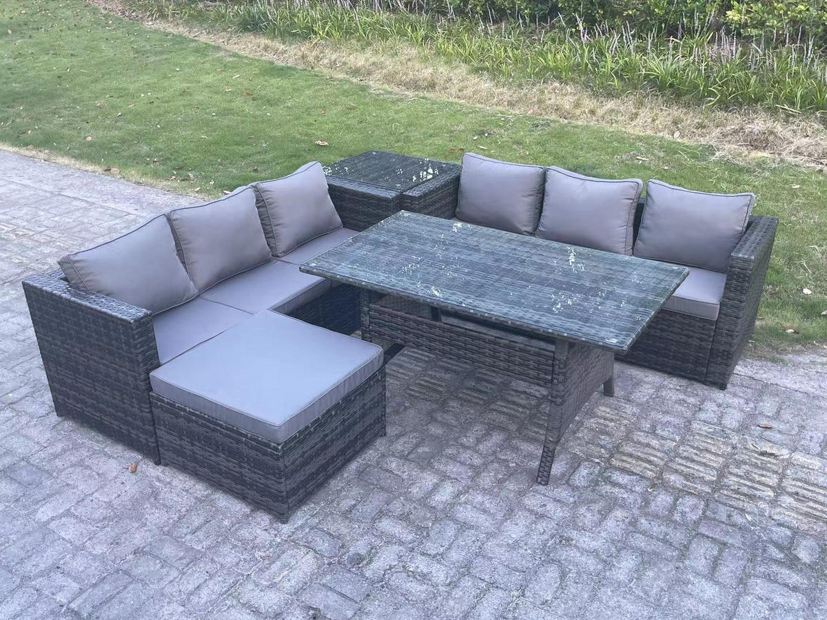 LOUNGEGARNITUR mit Fußschemel,Beistelltisch Polyrattan Dunkelgrau 6-Sitzer - Dunkelgrau/Grau, Glas/Kunststoff - Fimous