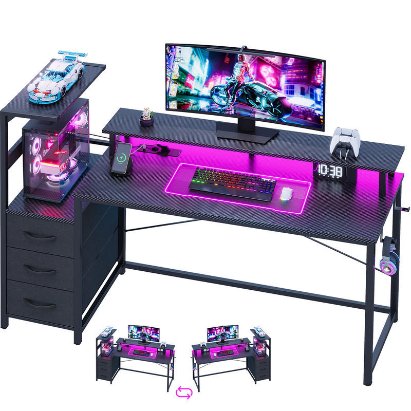 GAMINGTISCH mit Led, 150 x 50 x 75 cm, umkehrbarer Gamer-Schreibtisch mit Bildschirmunterstützung, 3 Schubladen, 2 Steckdosen und USB - Schwarz, Metall (150/48/75cm)
