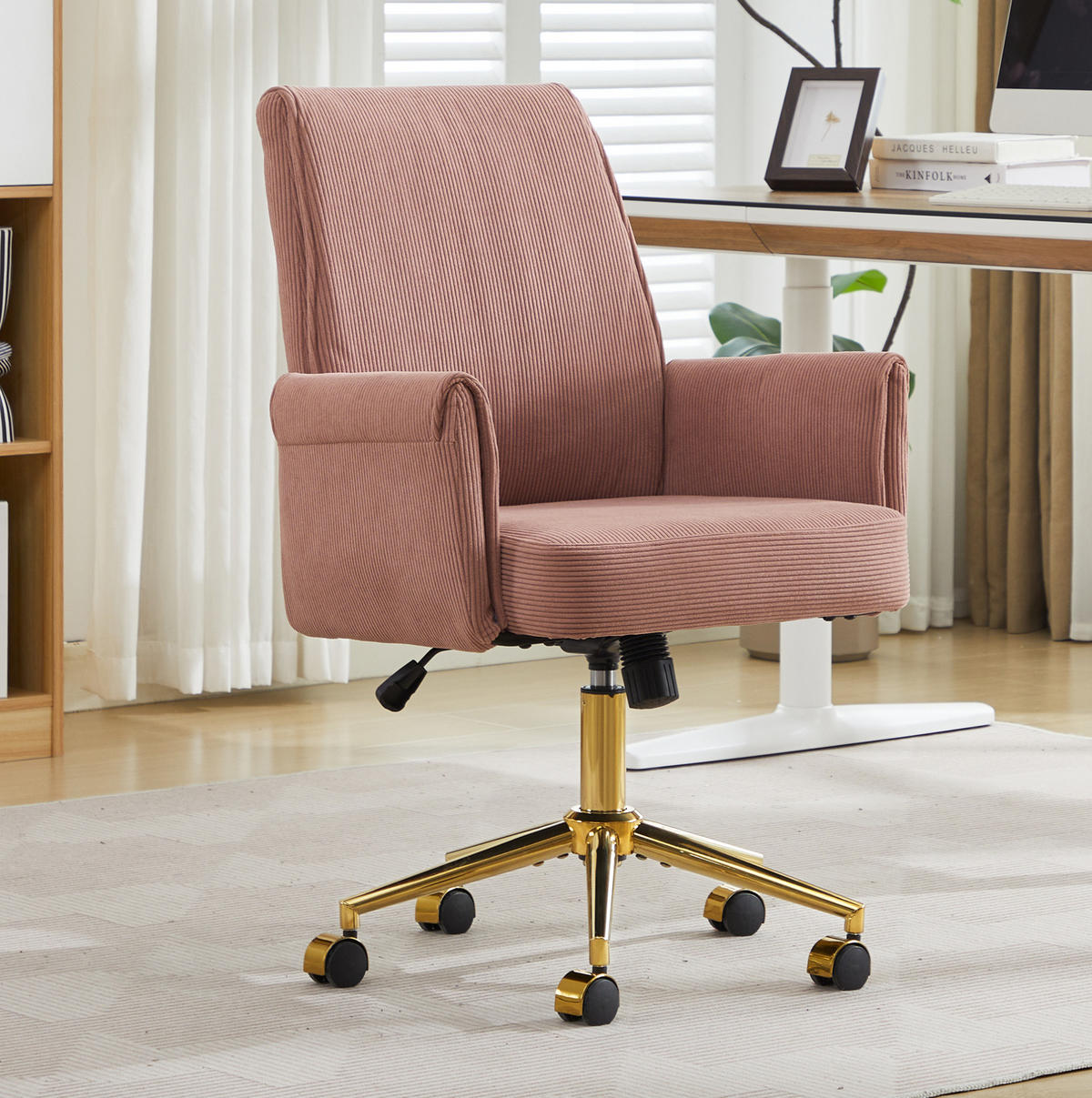 BÜRODREHSTUHL ergonomisch Cord Pink mit goldfarbener Basis - Pink, Kunststoff (61/107/64cm) - Meubliv