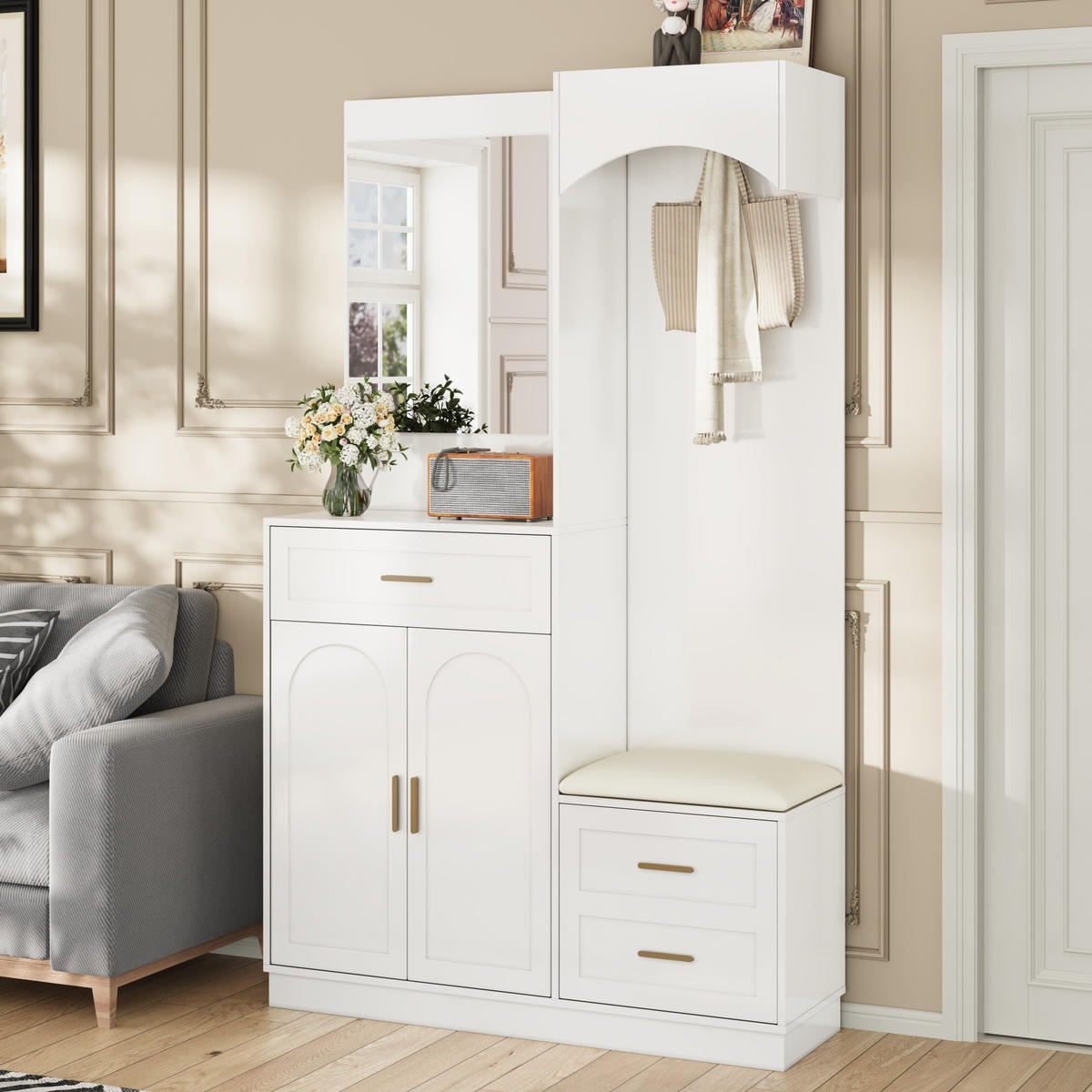 GARDEROBE-SET in Weiß Garderobenschrank mit Spiegel und Schuhbank für Eingangsbereich und Flur, B110/T33/H185.5 cm - Weiß, Glas/Holzwerkstoff (111/185.5/33cm) - STILVORA