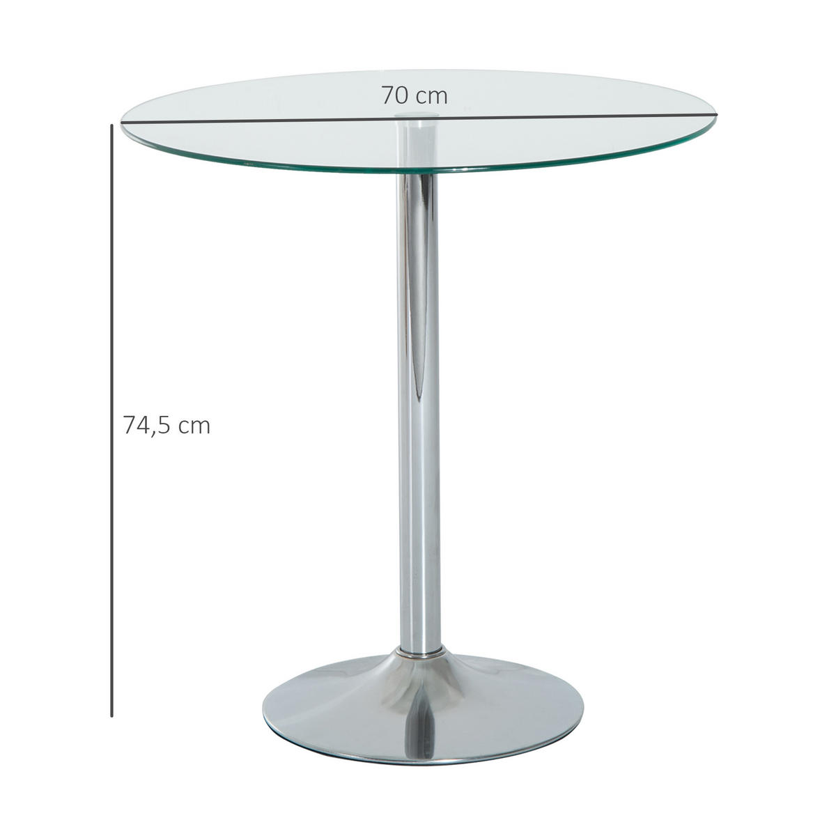 ESSTISCH, Runder Küchentisch mit Tischplatte aus Glas, Ø70 x 74,5 cm - Silberfarben, Metall (70/70/74.5cm) - HOMCOM