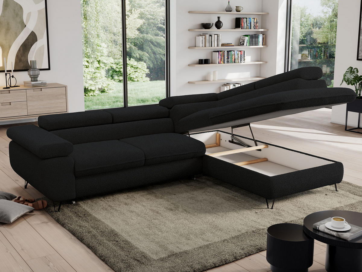 ECKSOFA PEDRO L Schwarz Boucle - Rechts Seite - Schwarz, Textil/Metall (273/208cm) - MKS