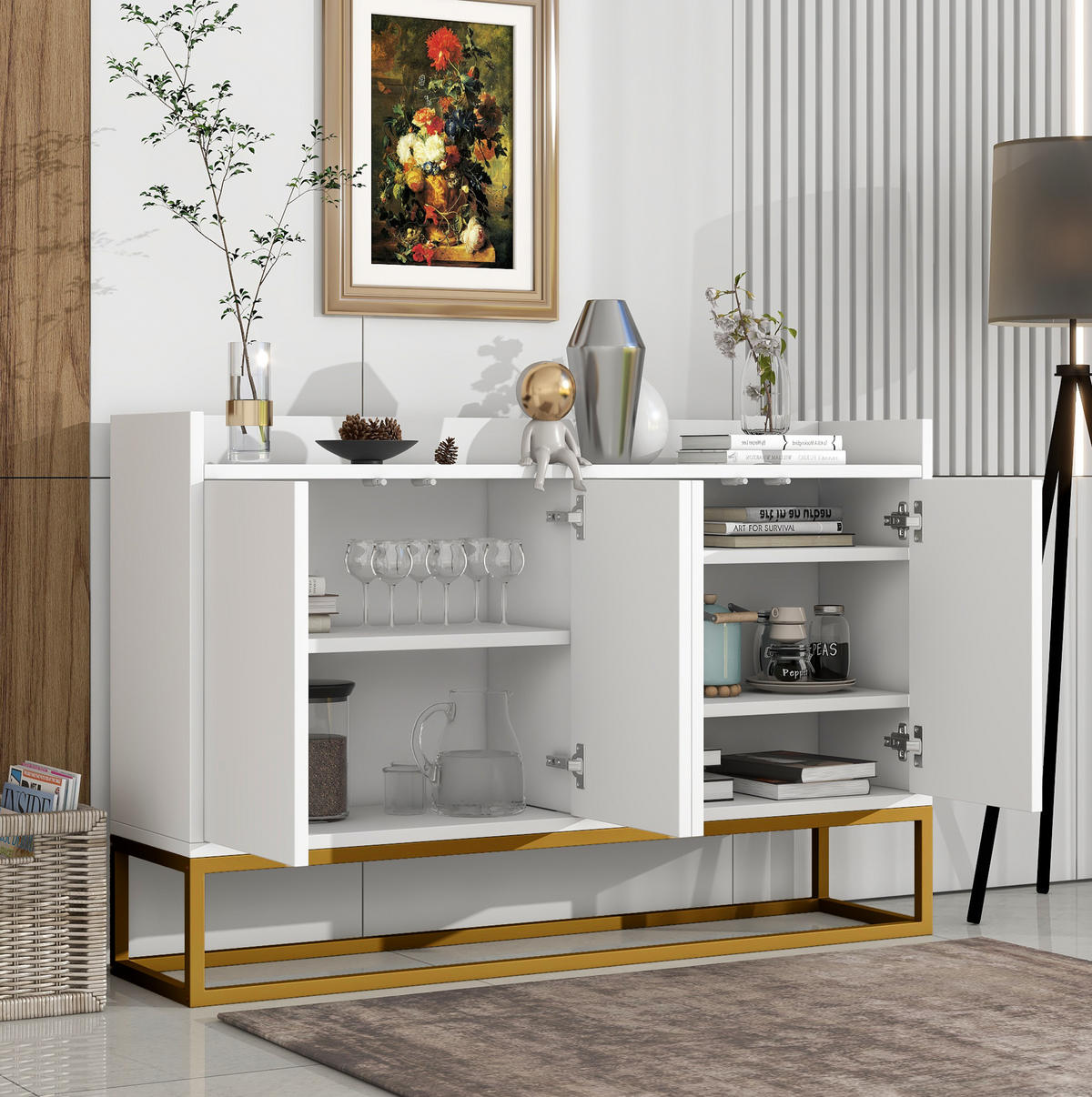 SIDEBOARD 120/30/80 cm aus Holzwerkstoff mit 4 grifflosen Türen Weiß - Weiß, Holzwerkstoff (120/80/30cm) - Modenvie