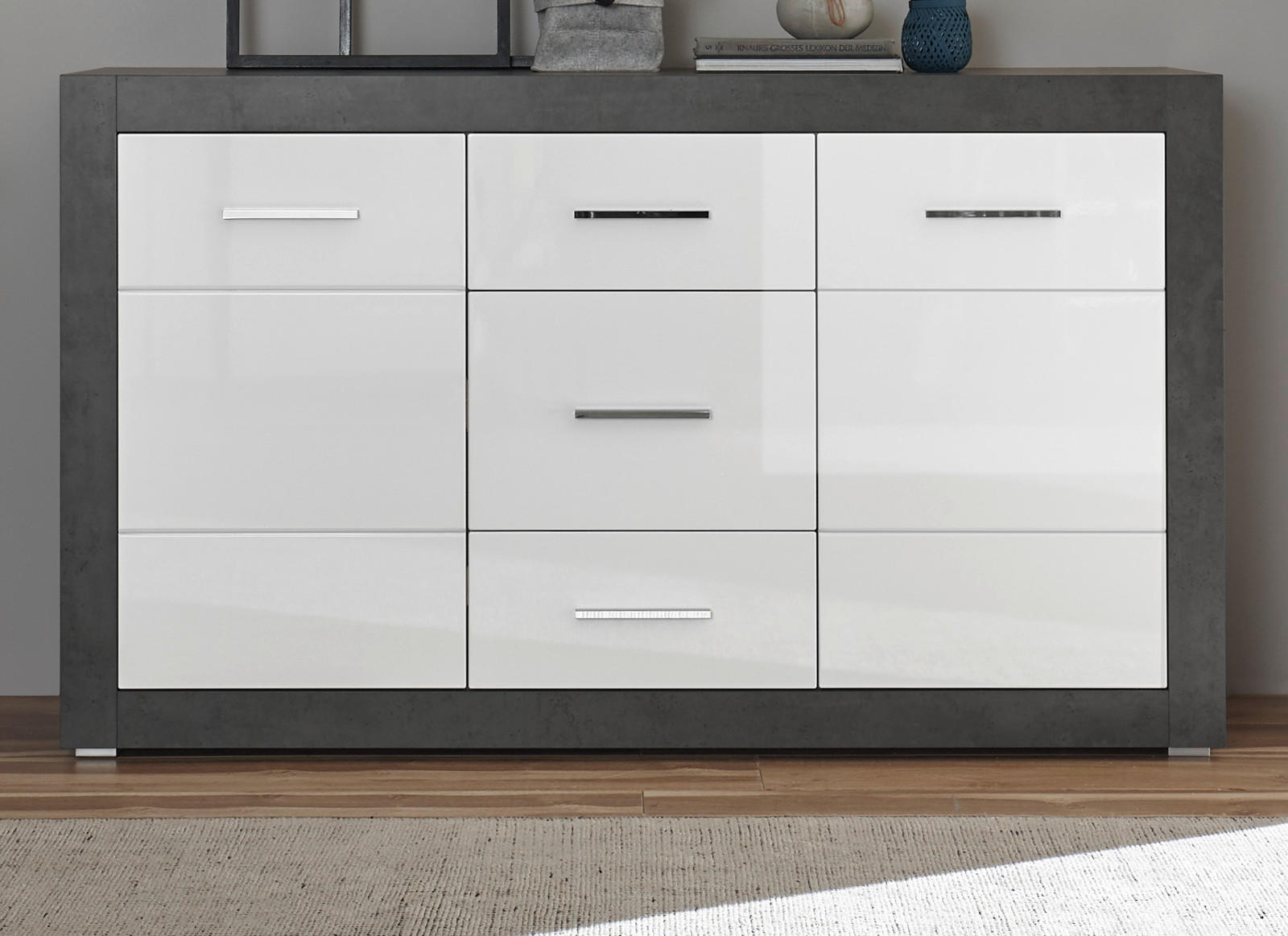 SIDEBOARD weiß Hochglanz, grau Stone 164 cm, Kommode mit viel Stauraum - Chromfarben/Weiß Hochglanz, Holzwerkstoff/Kunststoff (164/97/42cm) - Furn.Design