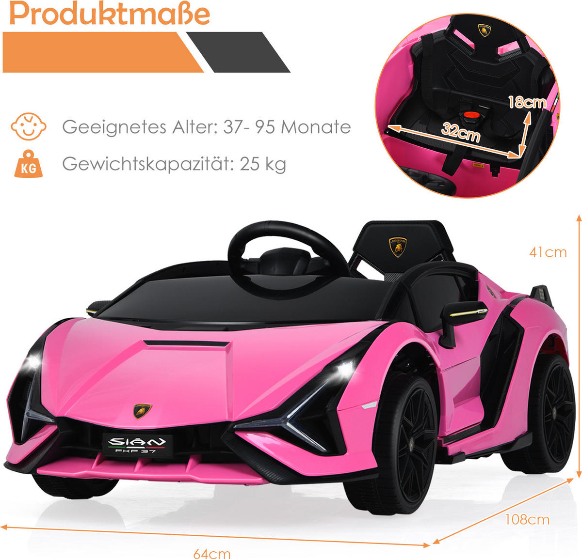 KINDERAUTO Lamborghini 12V Rosa - Pink, Kunststoff (64/41/108cm) - COSTWAY