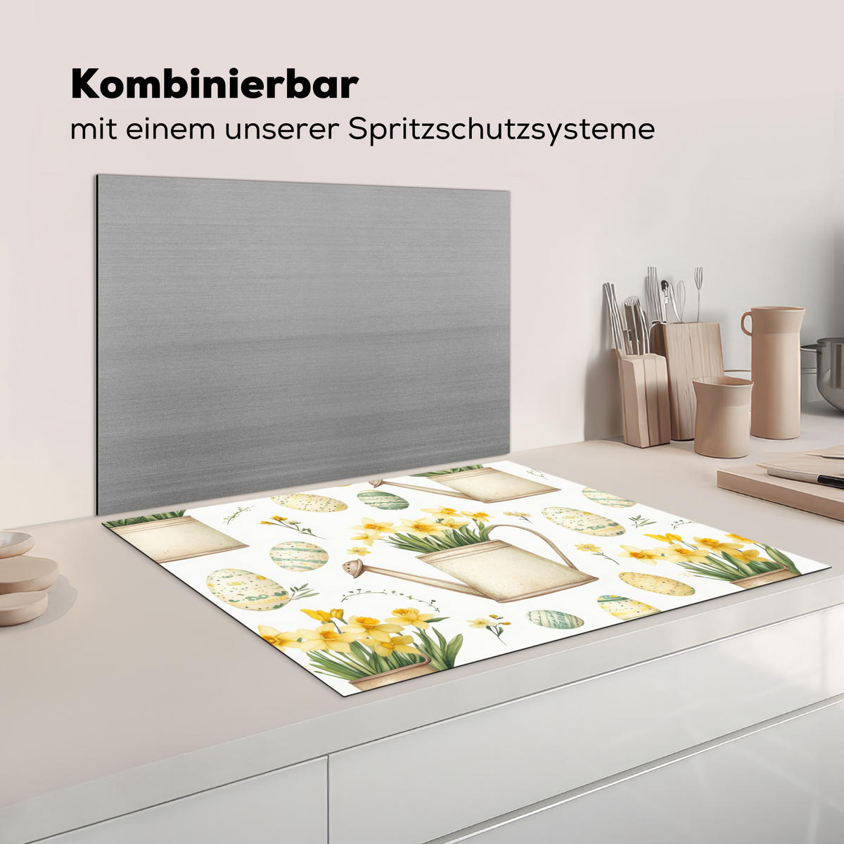 HERDABDECKPLATTE Gießkanne - Blumen - Eier Induktionsmatte 77x59 cm - Weiß, Kunststoff (77/59/0.2cm) - MuchoWow