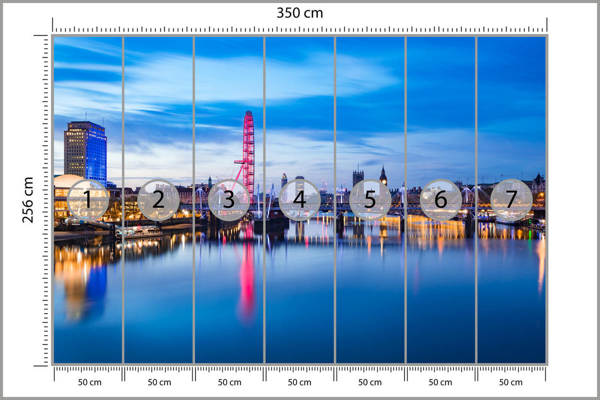 FOTOTAPETE für Wohnzimmer Panorama London Eye Themseufer 350x256 - Blau/Rot, Papier (350/256cm) - Muralo