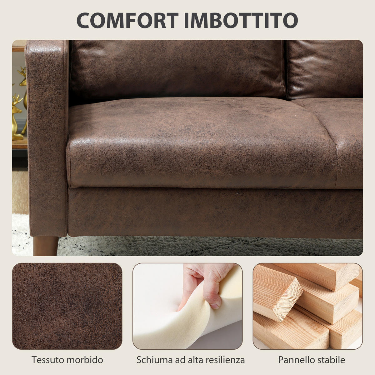 SOFA, 2-Sitzer, Lederoptik, Holzbeine, dunkelbraun, 130x78x85cm - Multicolor, Holzwerkstoff (130/85/78cm) - FORIOUS