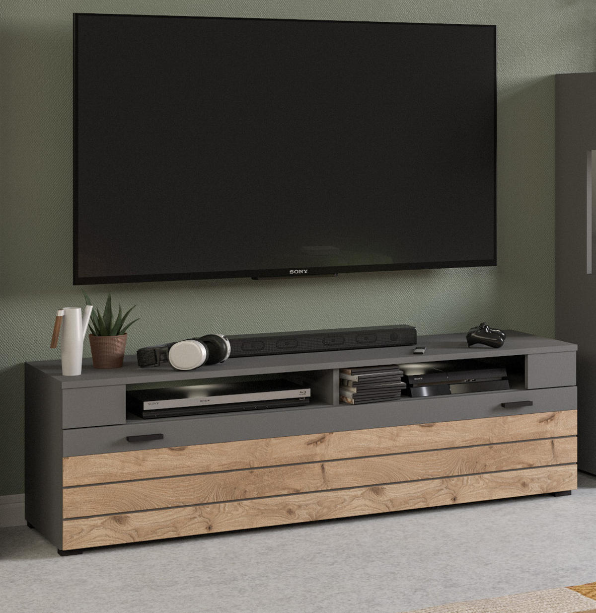 TV-LOWBOARD Eiche, grau matt 140 cm, TV Unterteil mit 4 Fächern - Eichefarben/Dunkelgrau, Holzwerkstoff/Kunststoff (140/43/40cm) - Inn.Furn