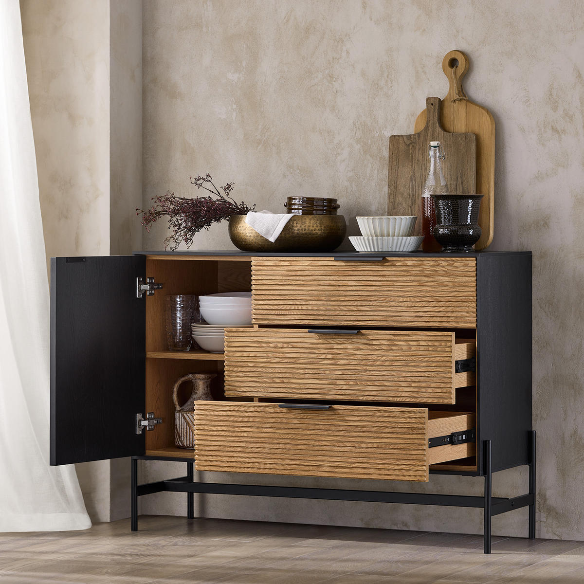 SIDEBOARD Schwarz-Natur - Schwarz/Naturfarben, Holzwerkstoff/Metall (114/83/40cm) - SoBuy