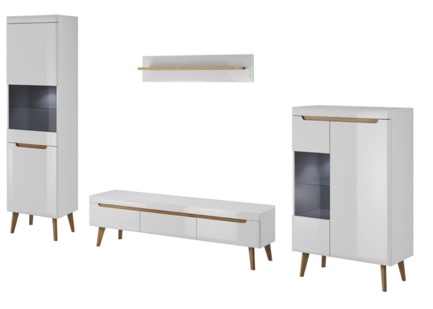 WOHNWAND Weiß Riviera Eiche Nordan Mit LED Mit Regalen - Eichefarben/Weiß, Holzwerkstoff (305/197/40cm) - Sepro Meble