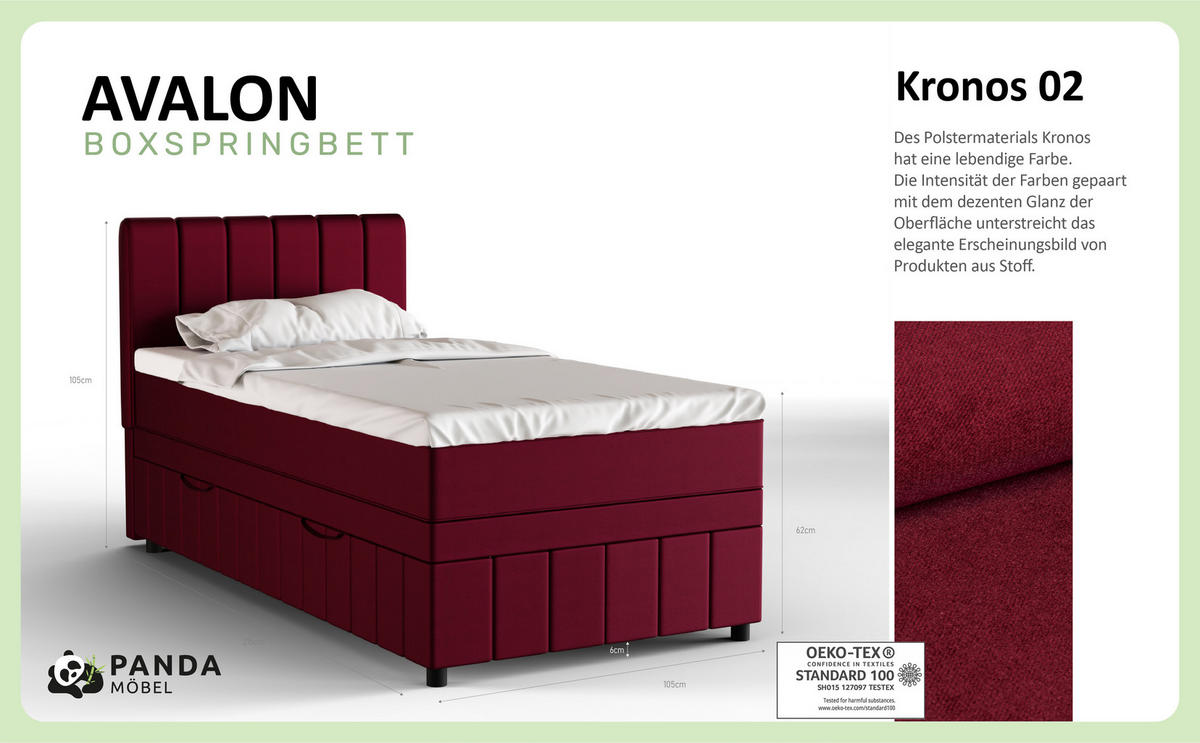 BOXBETT AVALON 100 x 200 cm mit Bettkasten und Topper - Rot - Rot, Holz - Panda Möbel