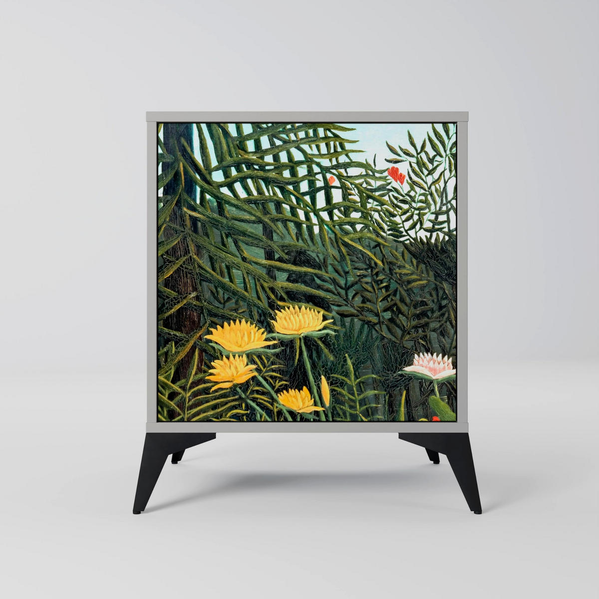 SIDEBOARD VIRGIN FOREST WITH SUNSET, Grau, 57,5x42x77,5 cm, Schräge Buchenholzfüße - Buchefarben/Multicolor, Holzwerkstoff/Buchenholz (57.5/77.5/42cm) - SpaceRebels
