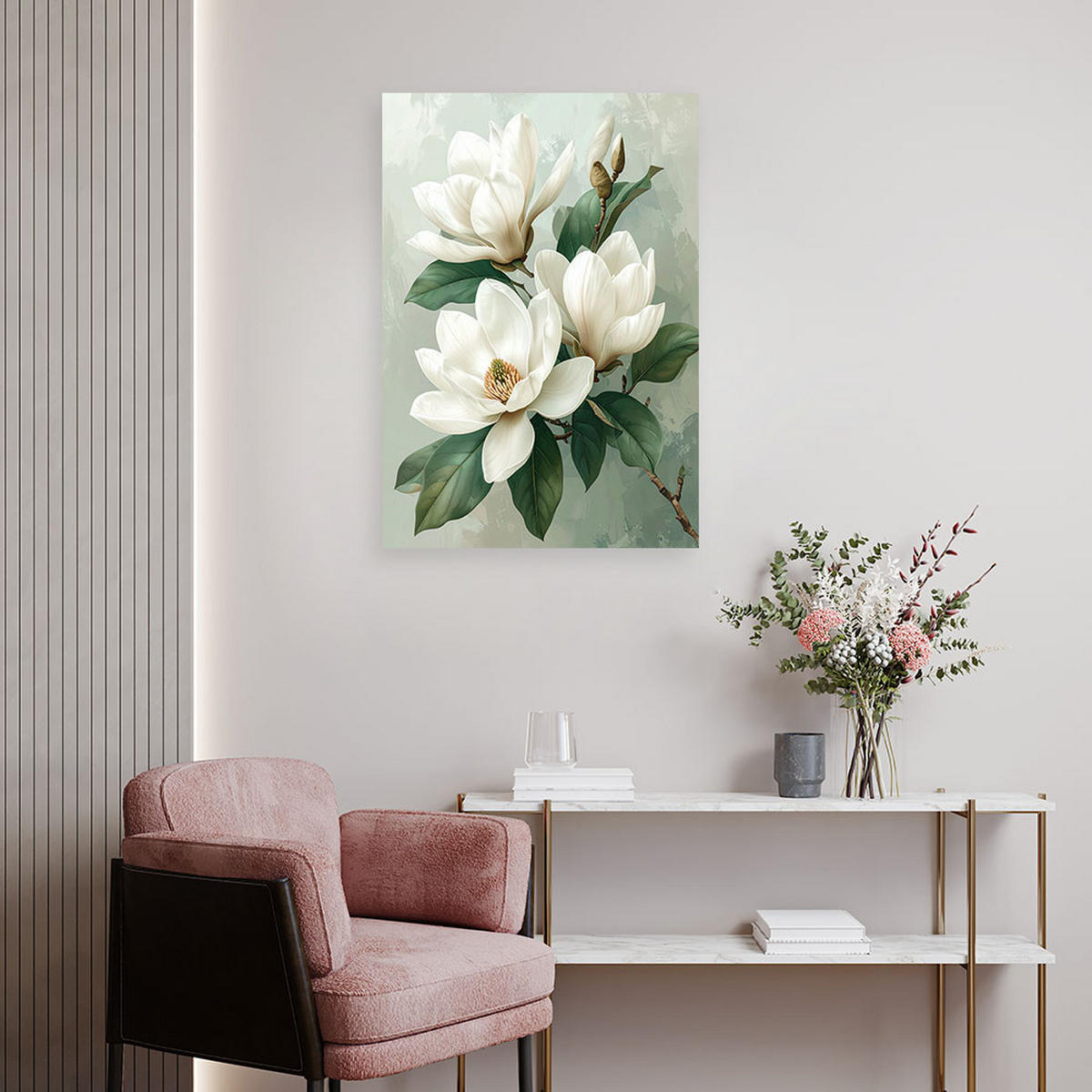BILD auf Leinwand, Weiße Magnolien mit grünen Blättern auf hellem Hintergrund - Weiß, Textil (60/90cm) - Feeby