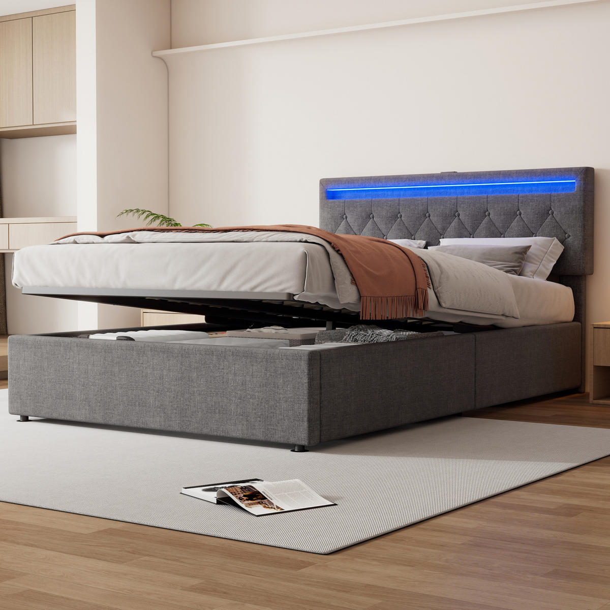 POLSTERBETT mit LED-Beleuchtung 140/200 cm in Grau mit Bettkasten & USB-C - Grau, Textil (140/200cm) - BEAOK