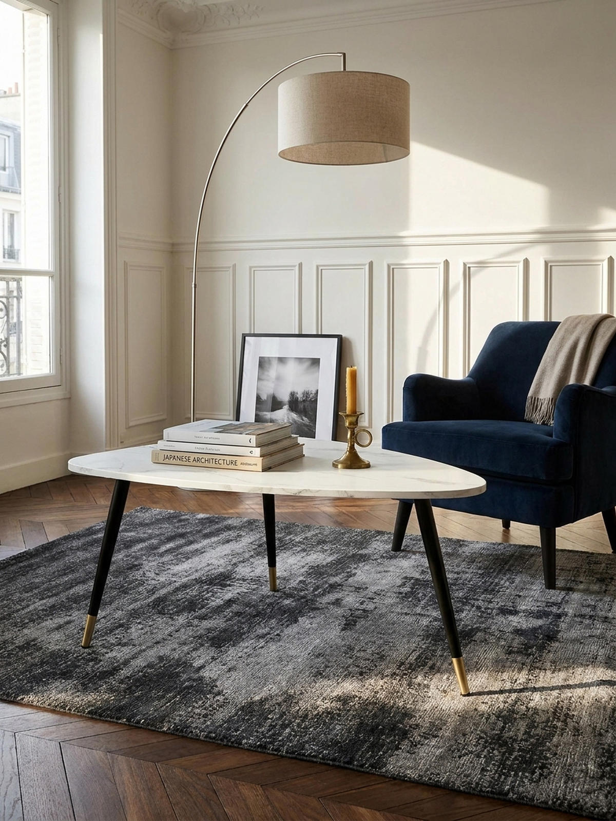 COUCHTISCH mit Marmor Optik, Dreibein, Metall-Gestell, Dreieckig, Weiß 90x60x41 cm - Goldfarben/Weiß, Holzwerkstoff/Metall (60/90/41cm) - KADIMA DESIGN