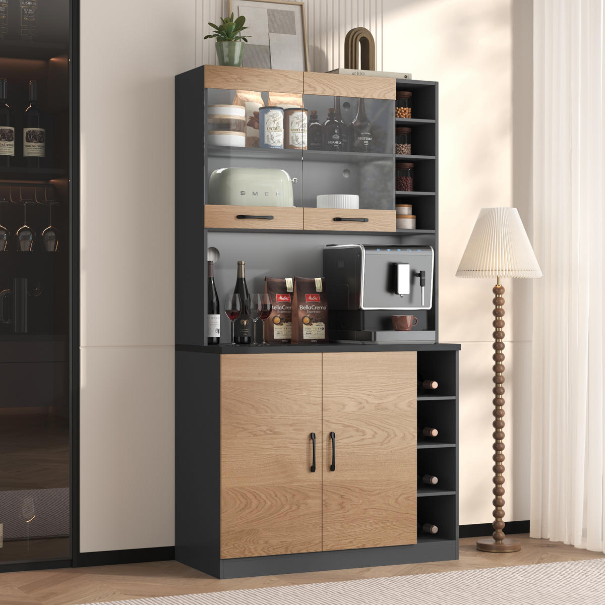 KÜCHENSCHRANK in Holz- und Schwarz-Optik mit LED - Schwarz, Holzwerkstoff (47/187/100cm) - Urban Meuble
