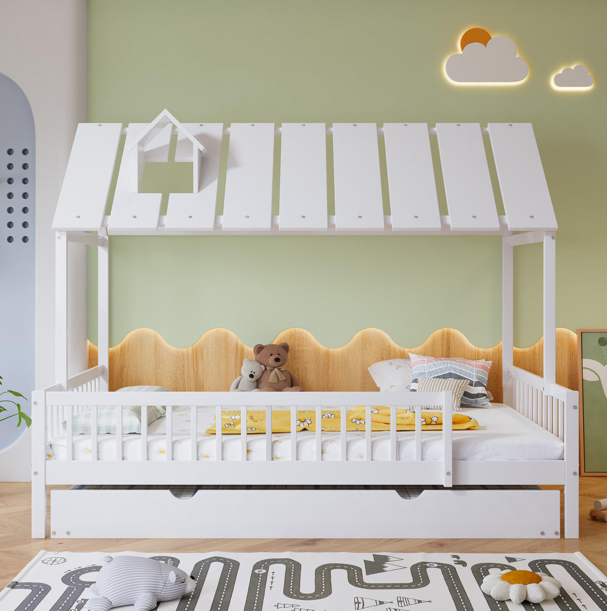 HAUSBETT 120/200 cm und 120/190 cm Weiß mit Rollbett und Dach mit Kaminleiste aus Kiefer+MDF - Weiß, Holzwerkstoff (120/200cm) - OKWISH