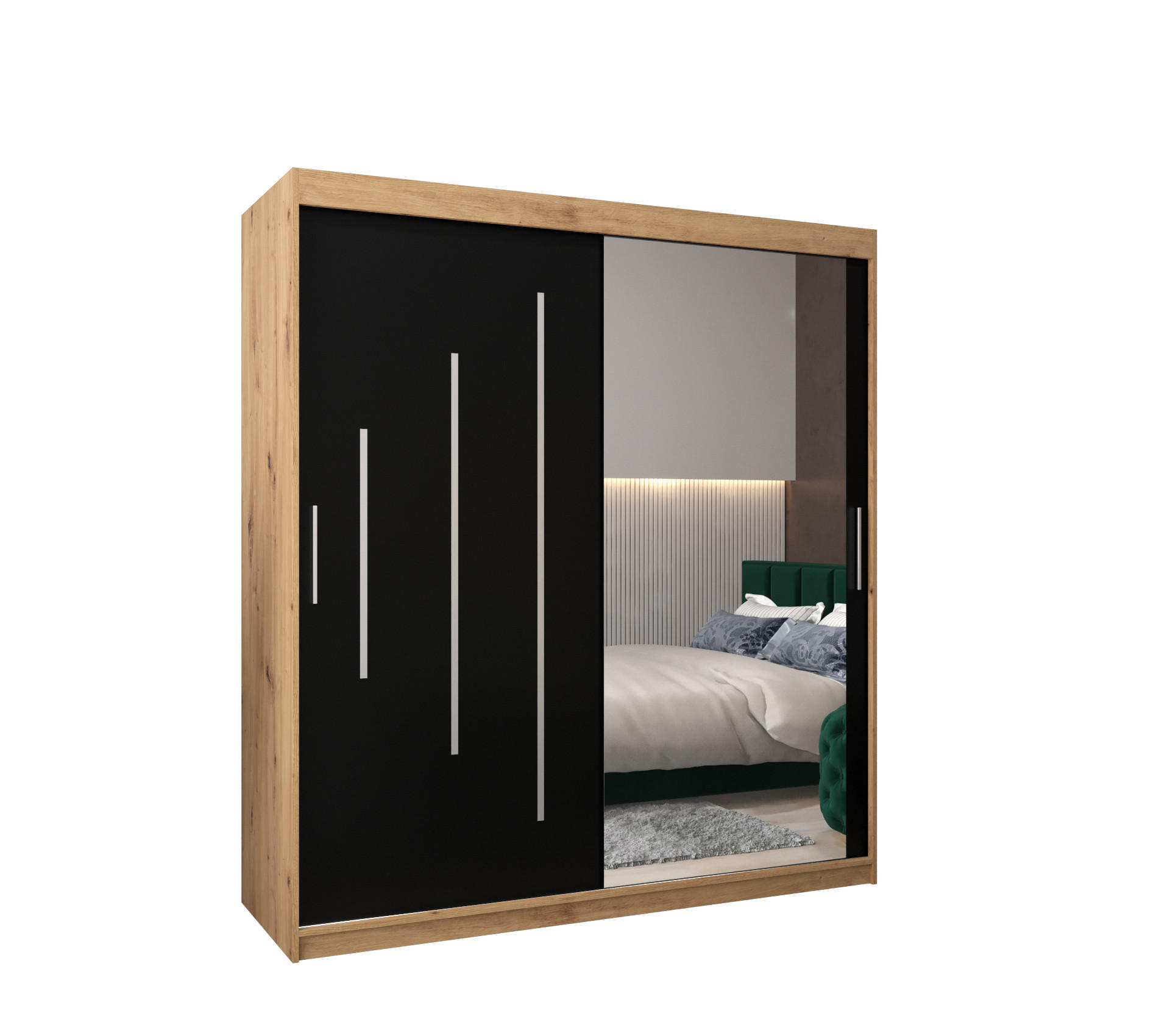 Abiks Möbel Schwebetürenschrank Eiche Artisan, Schwarz 180x200x62 cm