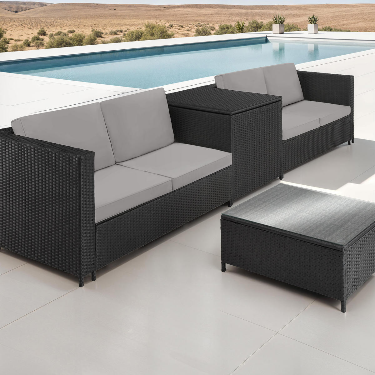 RATTANLOUNGE Siena,mit Sicherheitsglasplatte,schwarz/grau - Schwarz/Grau, Kunststoff - tectake