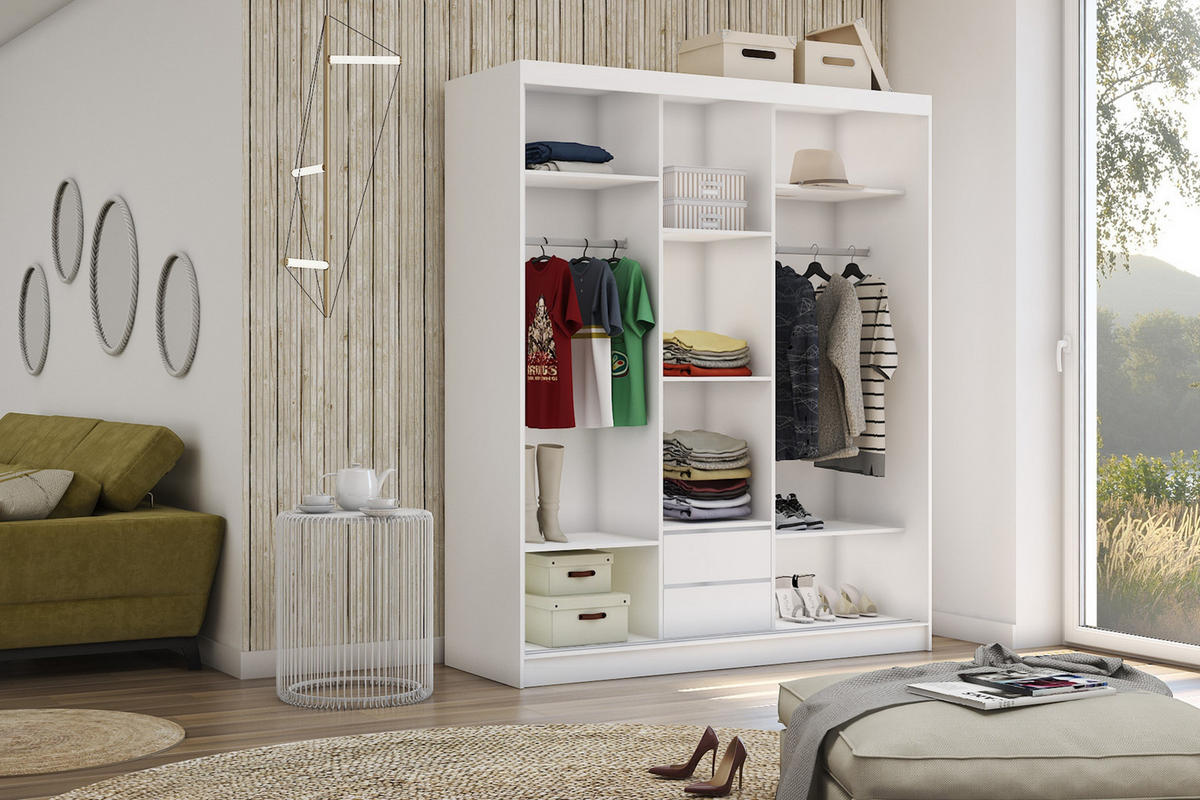 SCHWEBETÜRENSCHRANK Cabinio Weiß Eiche Artisan 180/216/61 cm – Modern, mit Lamellen - Walnussfarben/Weiß, Holzwerkstoff/Kunststoff (180/216.1/61cm) - AX Living