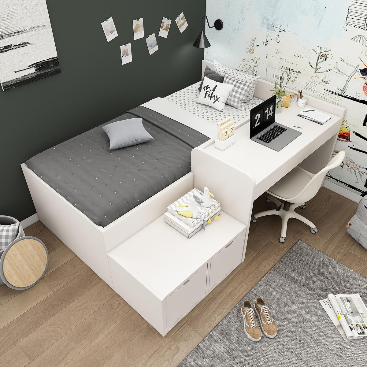 KINDERBETT 90/200 cm Weiß Multifunktionales Bett mit Schreibtisch und Stauraum - Weiß, Holzwerkstoff (90/200cm) - OKWISH