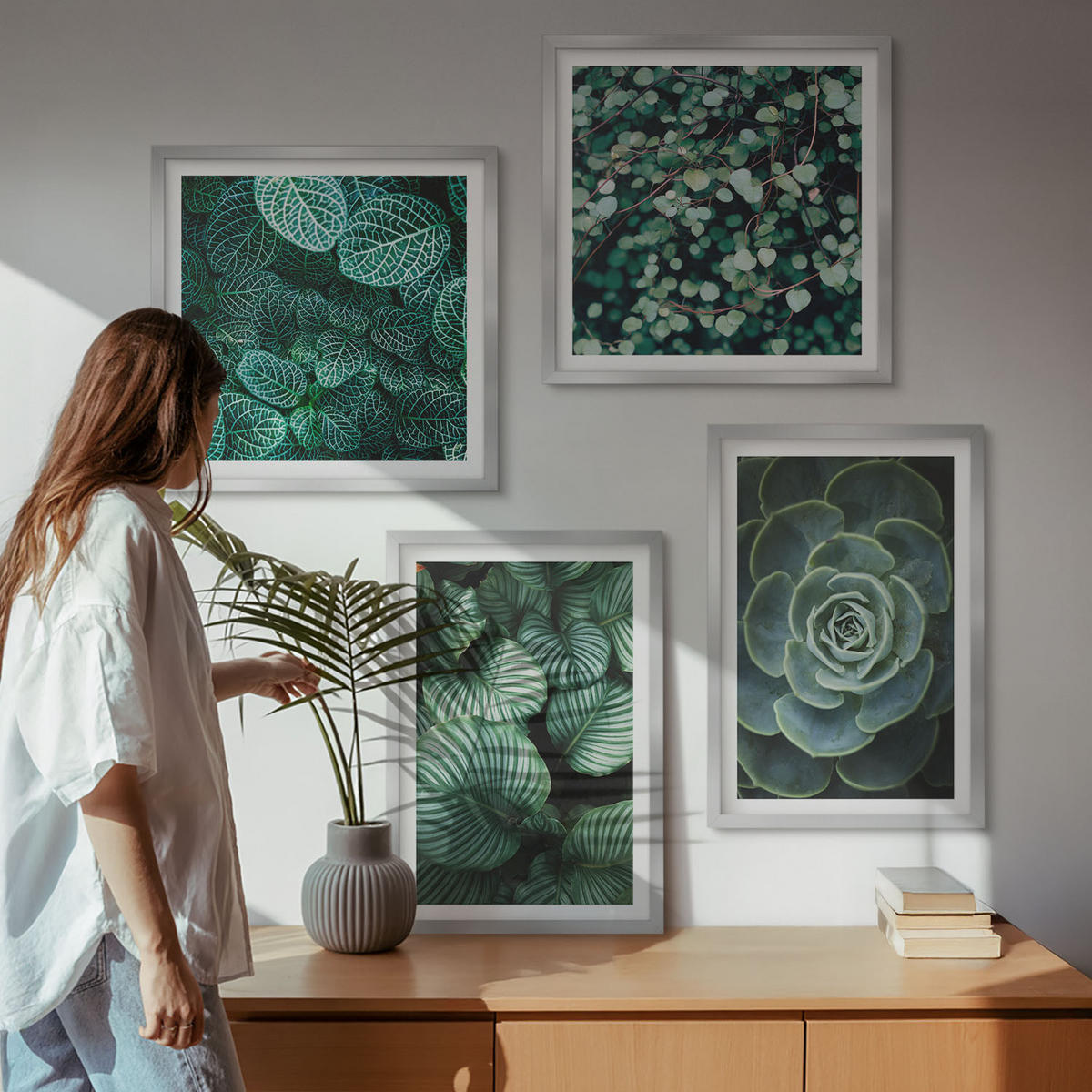 WANDBILDER 4er Set - 50x50 cm & 40x60 cm Silberner Rahmen - Grüne, saftige Blätter - Silberfarben, Kunststoff (50/50cm) - ArtPrintCave