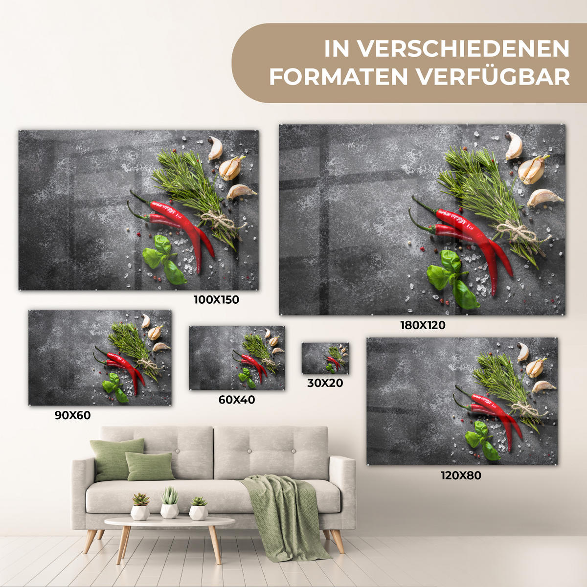ACRYLGLASBILD Pfeffer - Kräuter - Gewürze - Beton 120x80 cm - Dunkelgrau, Glas (120/80cm) - MuchoWow