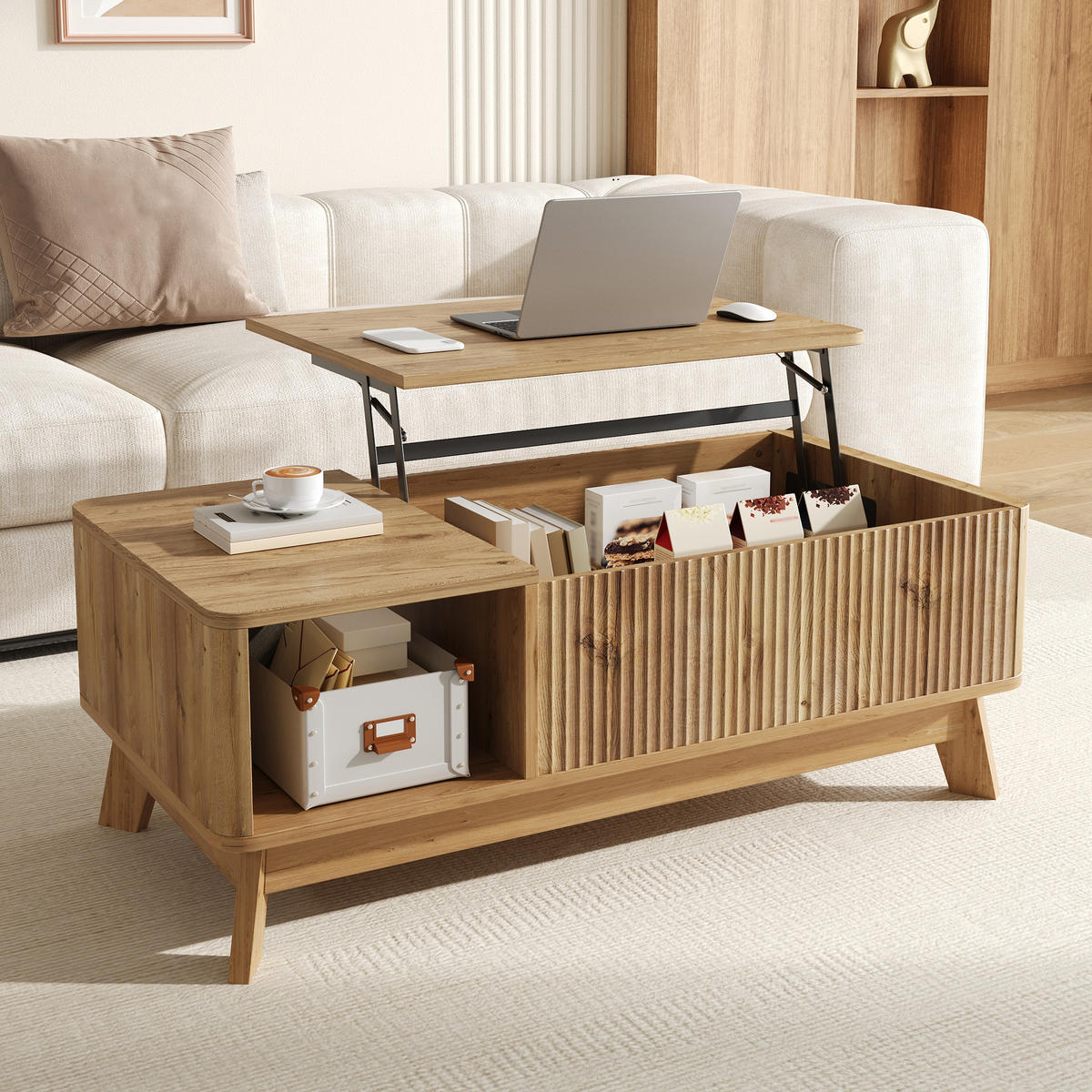 KONFERENČNÍSTOLEK Zvedací Vlnitý MDF Úložný - přírodní, kompozitní dřevo (95/48/50cm) - FLIEKS