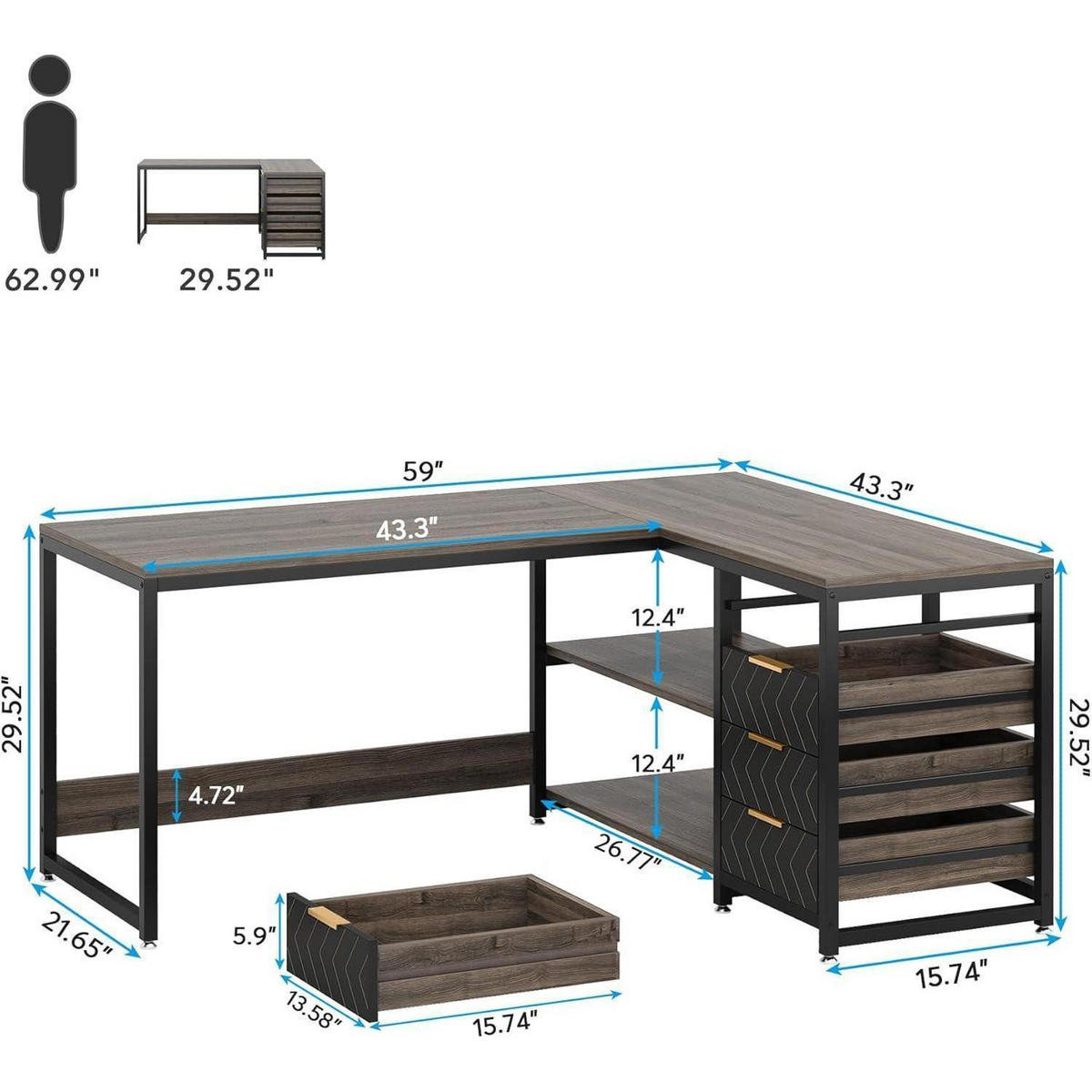 L-FORM Schreibtisch mit 4 Schubladen 150 x 110 x 75 cm Grau - Braun, Holzwerkstoff (110/150/75cm)