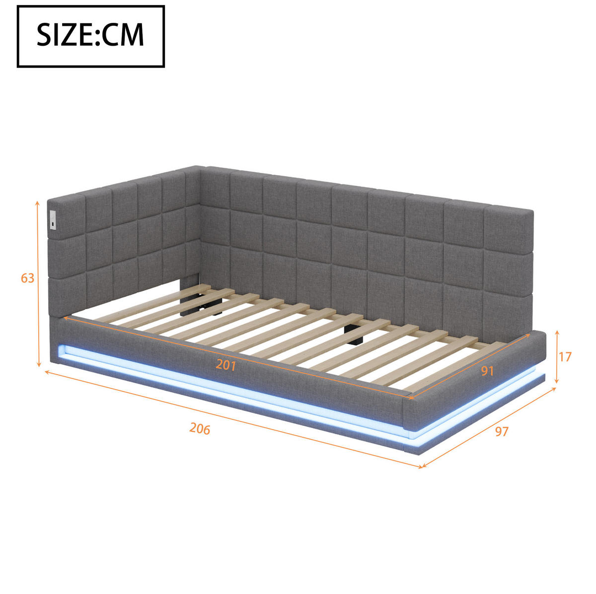 ČALÚNENÁ posteľ z ľanu 90x200 cm sivá s LED osvetlením, USB portom a lamelovým roštom - sivá, textil (90/200cm) - Modfu