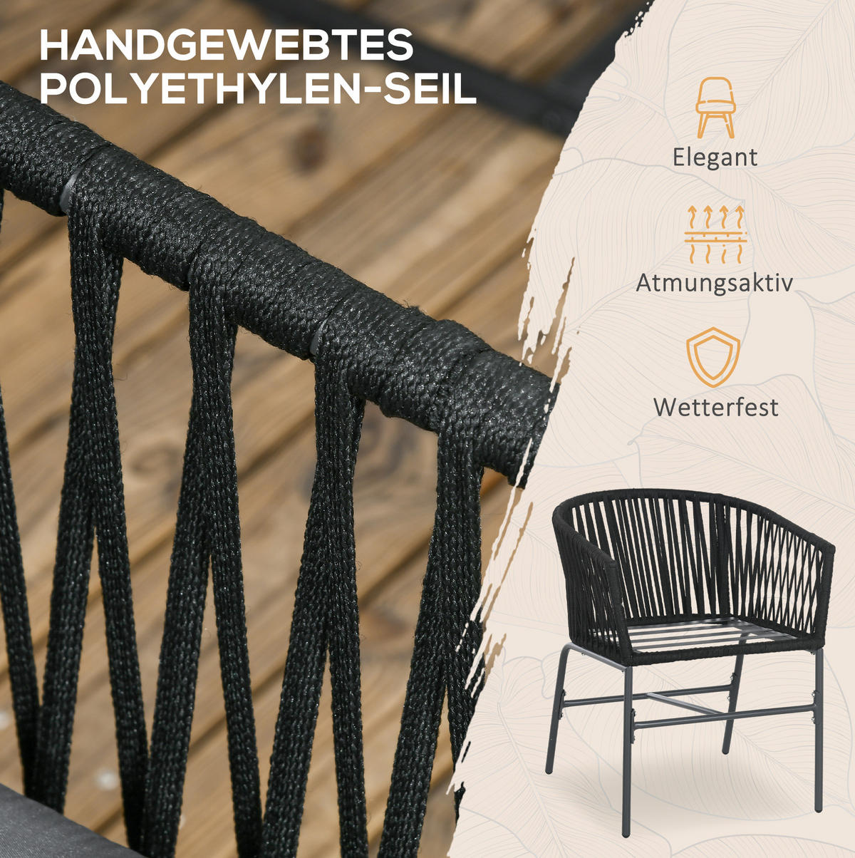 GARTENSTUHL aus Stahl 57x60x71 cm Schwarz mit Kissen, handgeflochtener Sitzschale im Boho-Stil - Schwarz, Metall (60/71/57cm) - Modfu