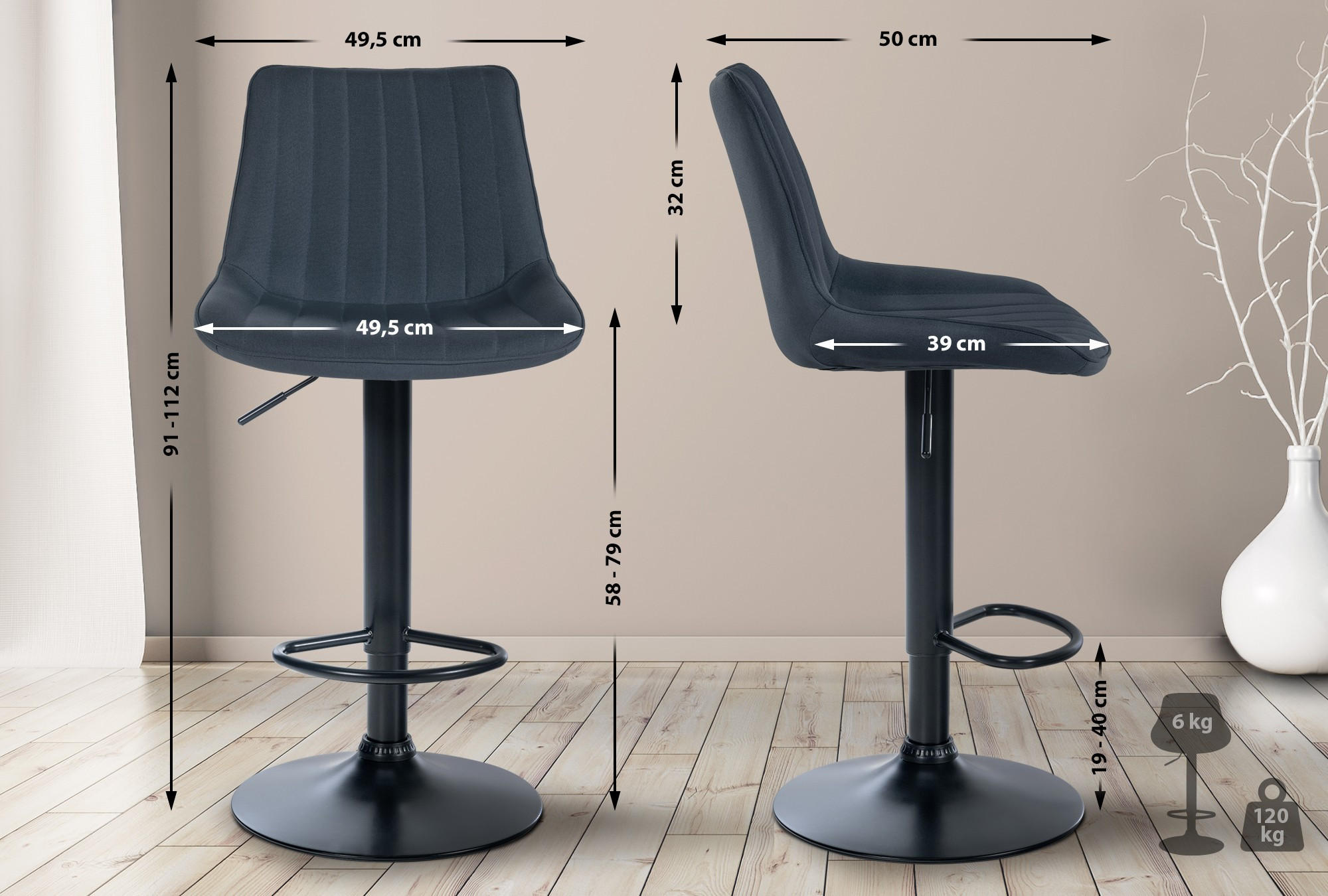 BARHOCKER Stoff dunkelgrau - Dunkelgrau/Schwarz, Textil/Metall (49.5/91/50cm) - CLP