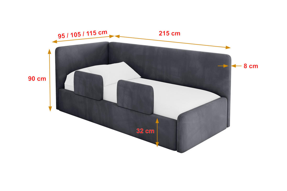 EINZELLBETT Jugendbett mit Bettkasten, Rechts - NORY 100x200 Dunkelgrau - Titanfarben, Holzwerkstoff/Textil (100/200cm) - ALTDECOR