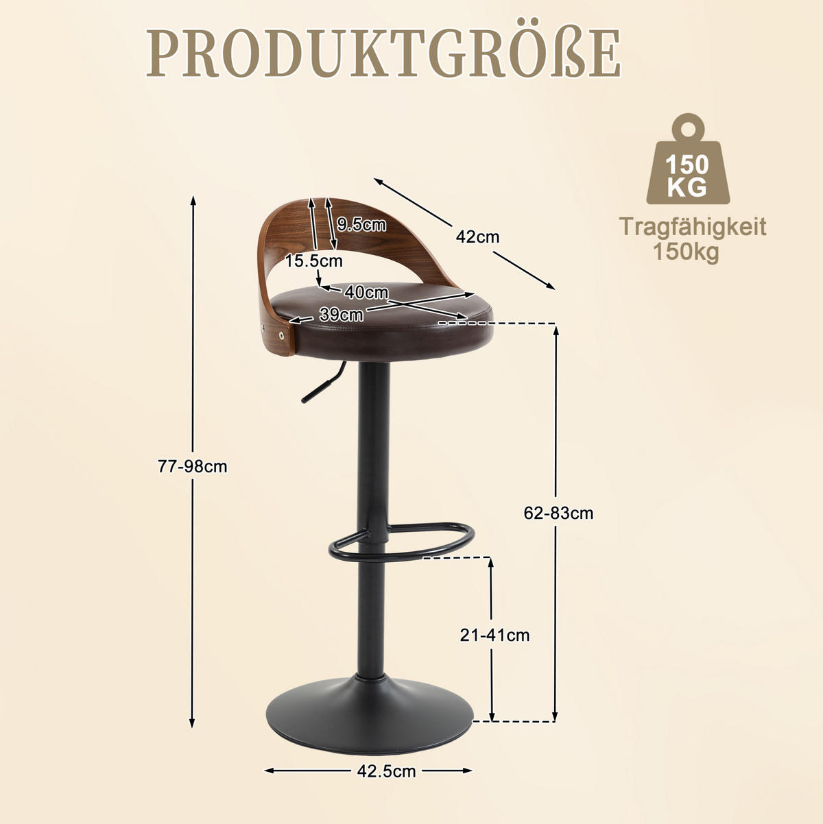 BARHOCKER 2er-Set mit Rückenlehne, 360° drehbar und höhenverstellbar, Braun - Braun, Metall (42/77/42.5cm) - MIVRAY
