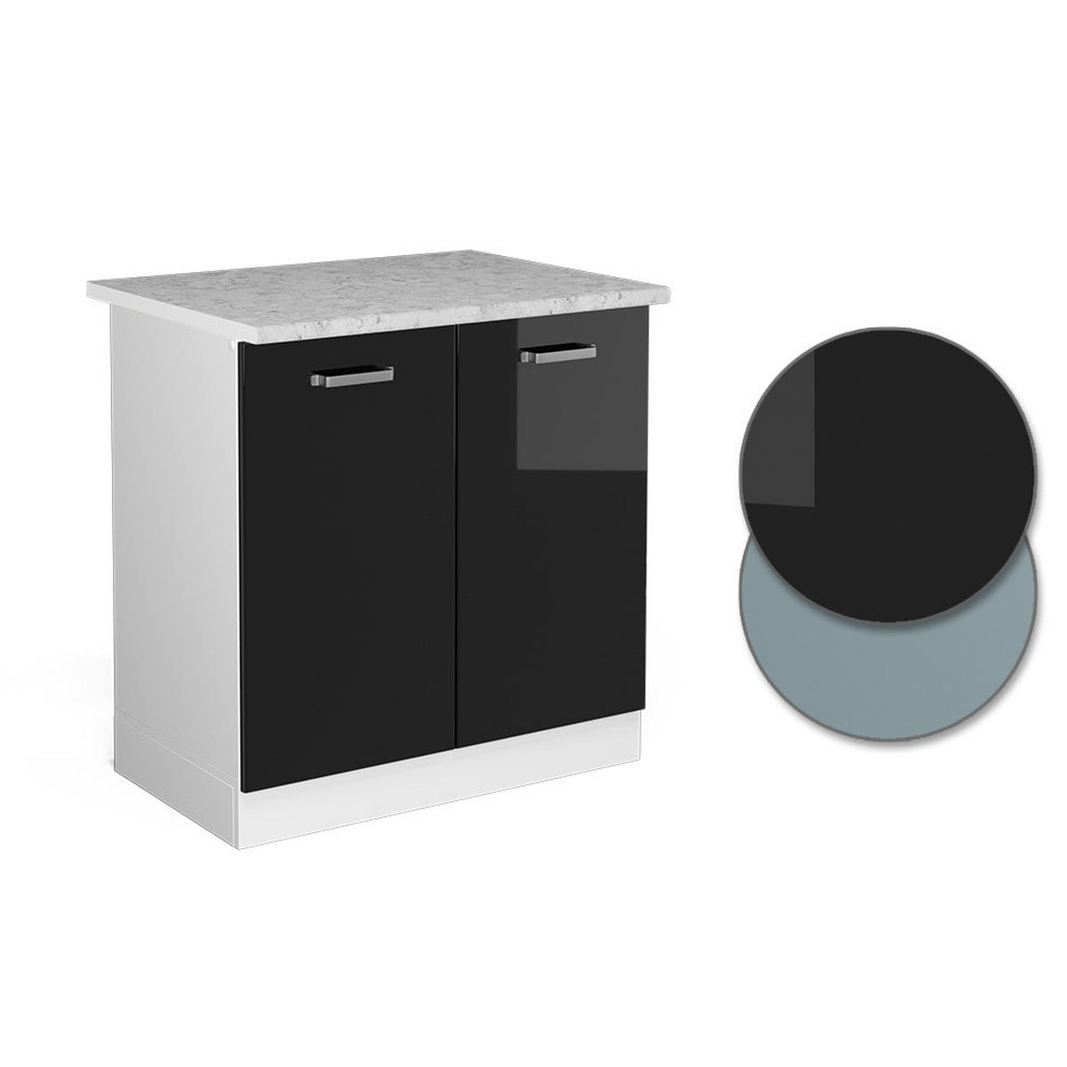 SPÜLENUNTERSCHRANK KÜCHENSCHRANK R-Line Schwarz Hochglanz 80 cm, AP Marmor - Schwarz Hochglanz/Schwarz, Holzwerkstoff (80/81.6/60cm) - Vicco