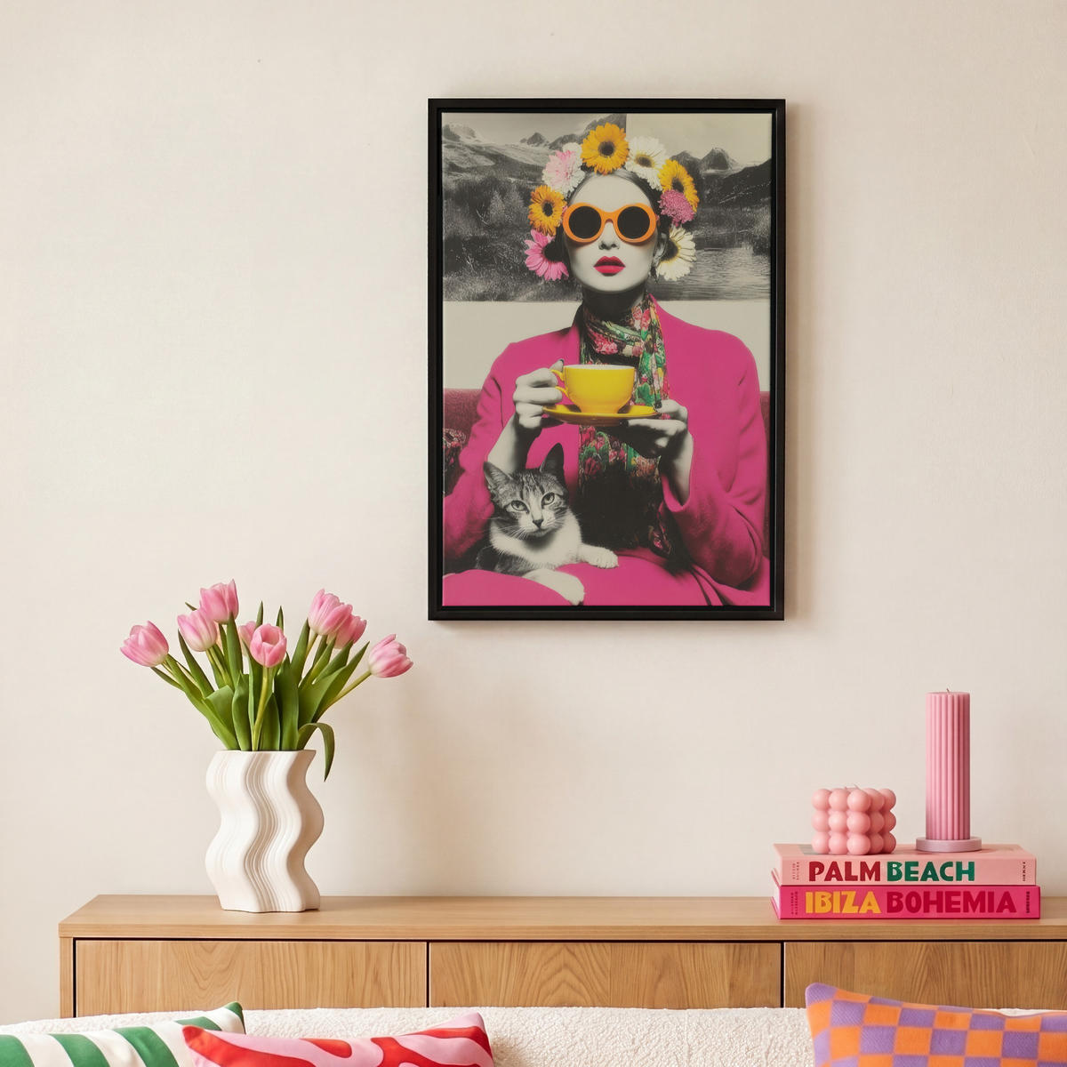 LEINWAND Bilder mit Rahmen - Frau - Katze - Blumen - Tasse - Retro - 20x30 - Magenta, Textil (20/30cm) - MuchoWow
