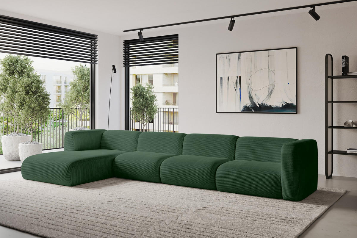 ECKSOFA Ottomane Links MIRA-L3 409x179x70 Grün Cord - Salbeigrün/Schwarz, Holzwerkstoff/Kunststoff (409/179cm) - ALTDECOR