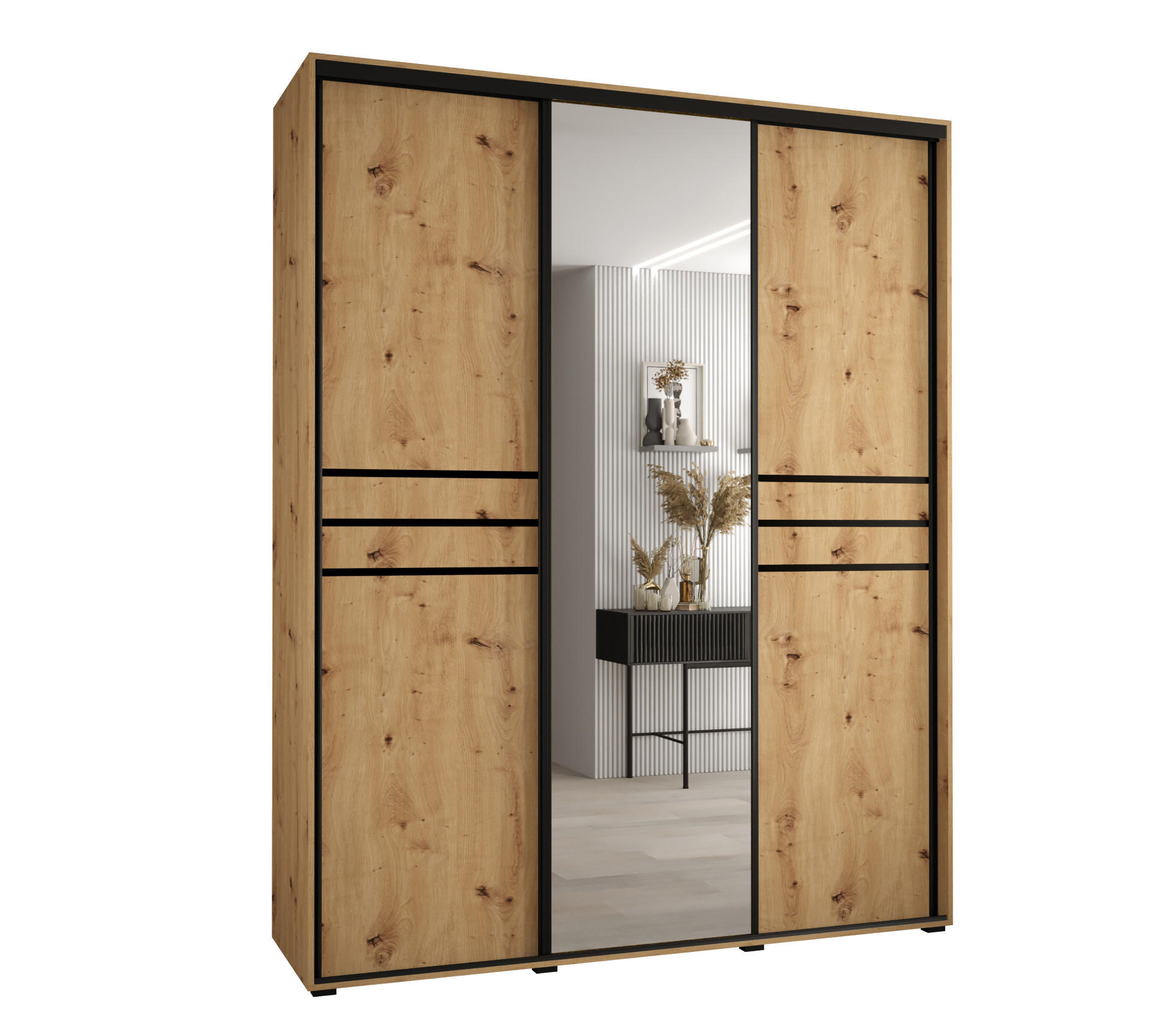 Abiks Möbel SCHWEBETÜRENSCHRANK Eiche Artisan, Eiche Artisan, Schwarz 190cm × 45cm × 235cm