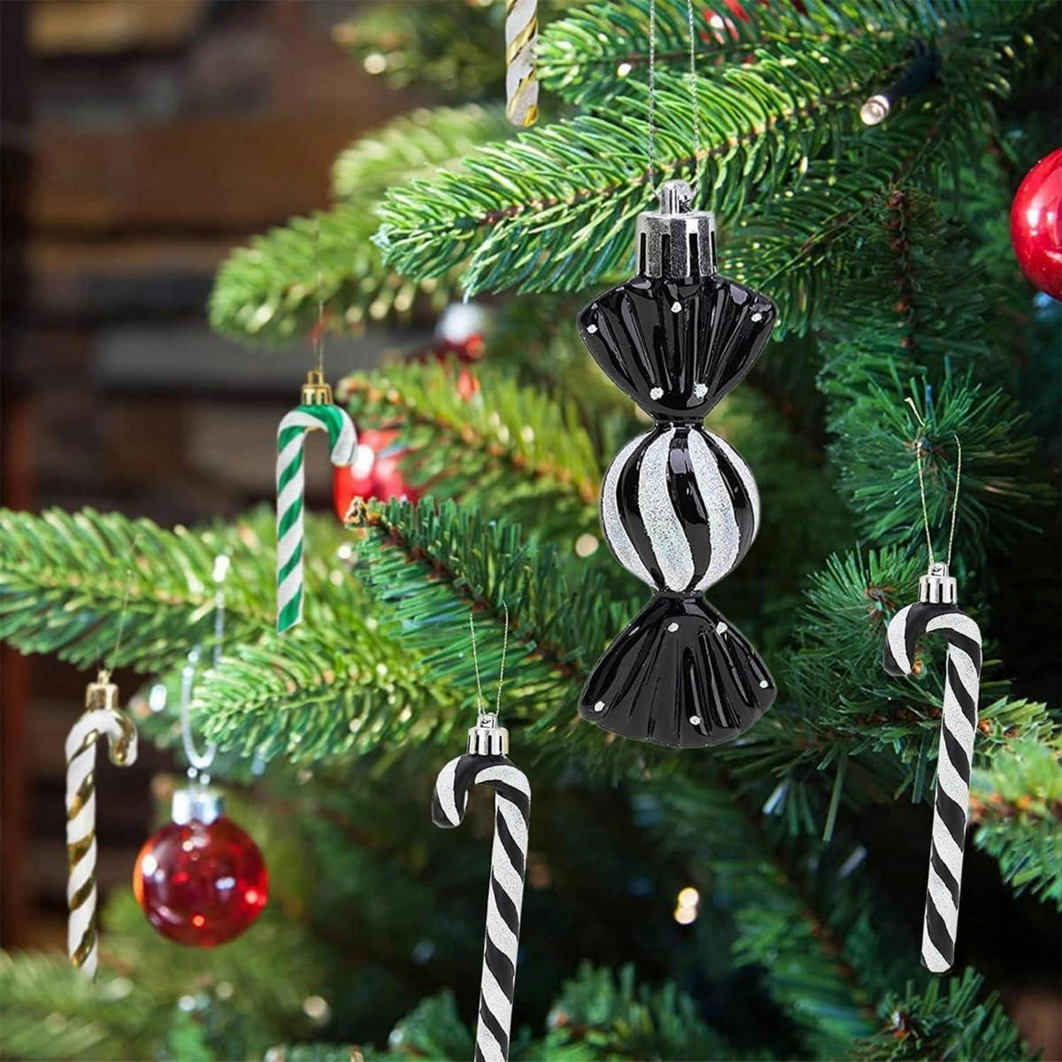 WEIHNACHTSBAUMSCHMUCK 18-teiliges Set Zuckerstangen & Kugeln Schwarz-Weiß - Schwarz, Kunststoff (5/1/14cm)