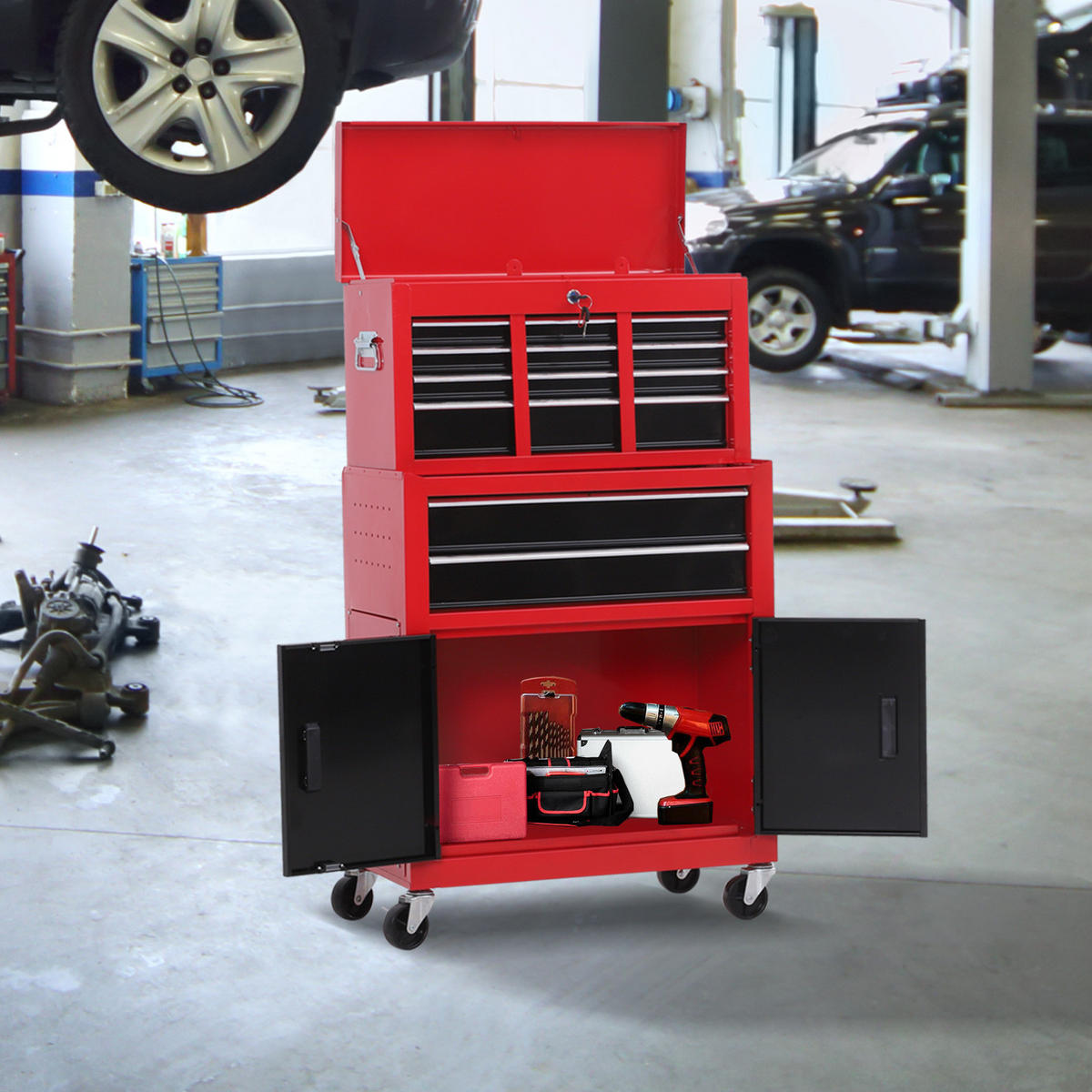 WERKSTATTWAGEN mit Werkzeugkasten 2 Schlüssel Metall Rot+Schwarz - Multicolor, Metall (61.6/108/33cm) - HOMCOM