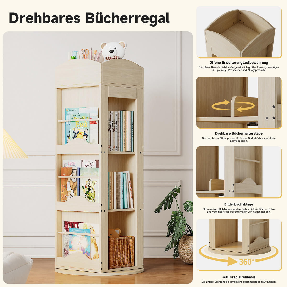 BÜCHERREGAL 142x63x63cm 360-Grad drehbar 4 Böden für Kinder Erwachsene - Naturfarben, Holz (63/142/63cm) - FLIEKS