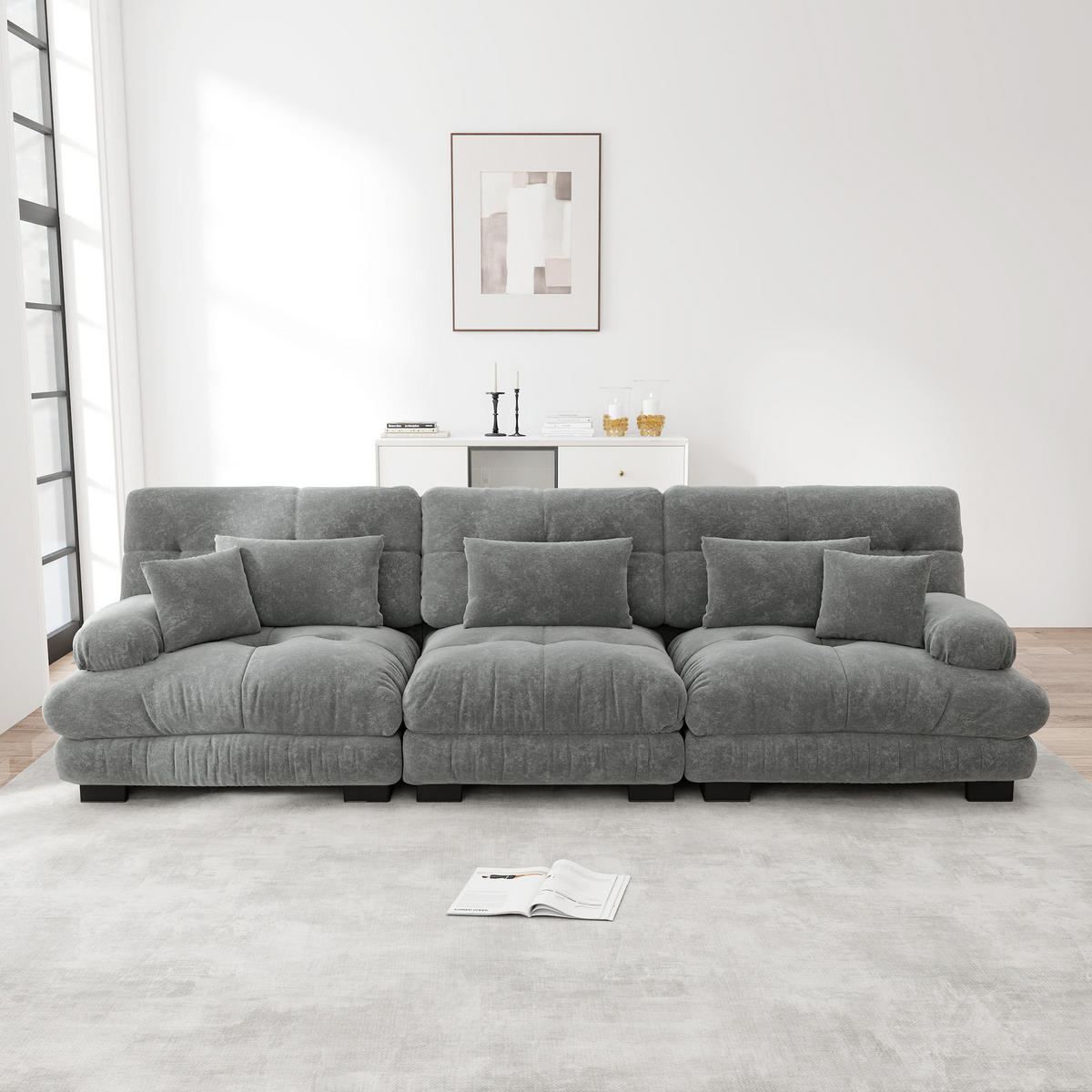 Sofa Stoff – 3-Sitzer mit Kissen - Grau, Holzwerkstoff/Textil (313/81/77cm) - Urban Meuble